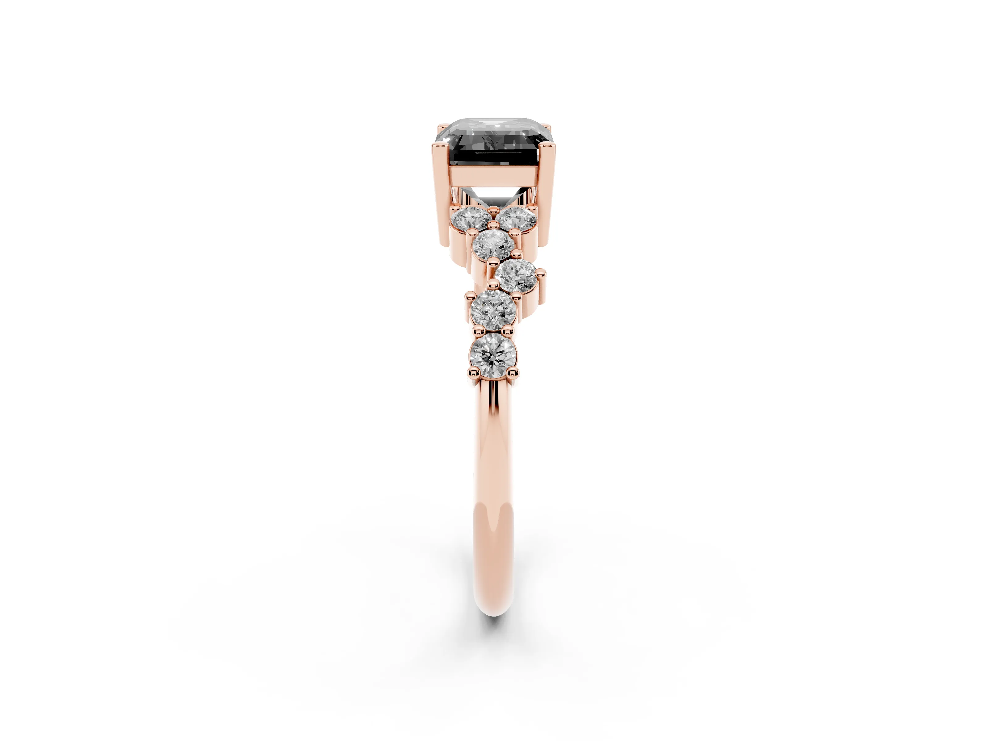 Fancy Black Emerald Cut Diamond Ring Set in Rose gold with Scattered Round Accents