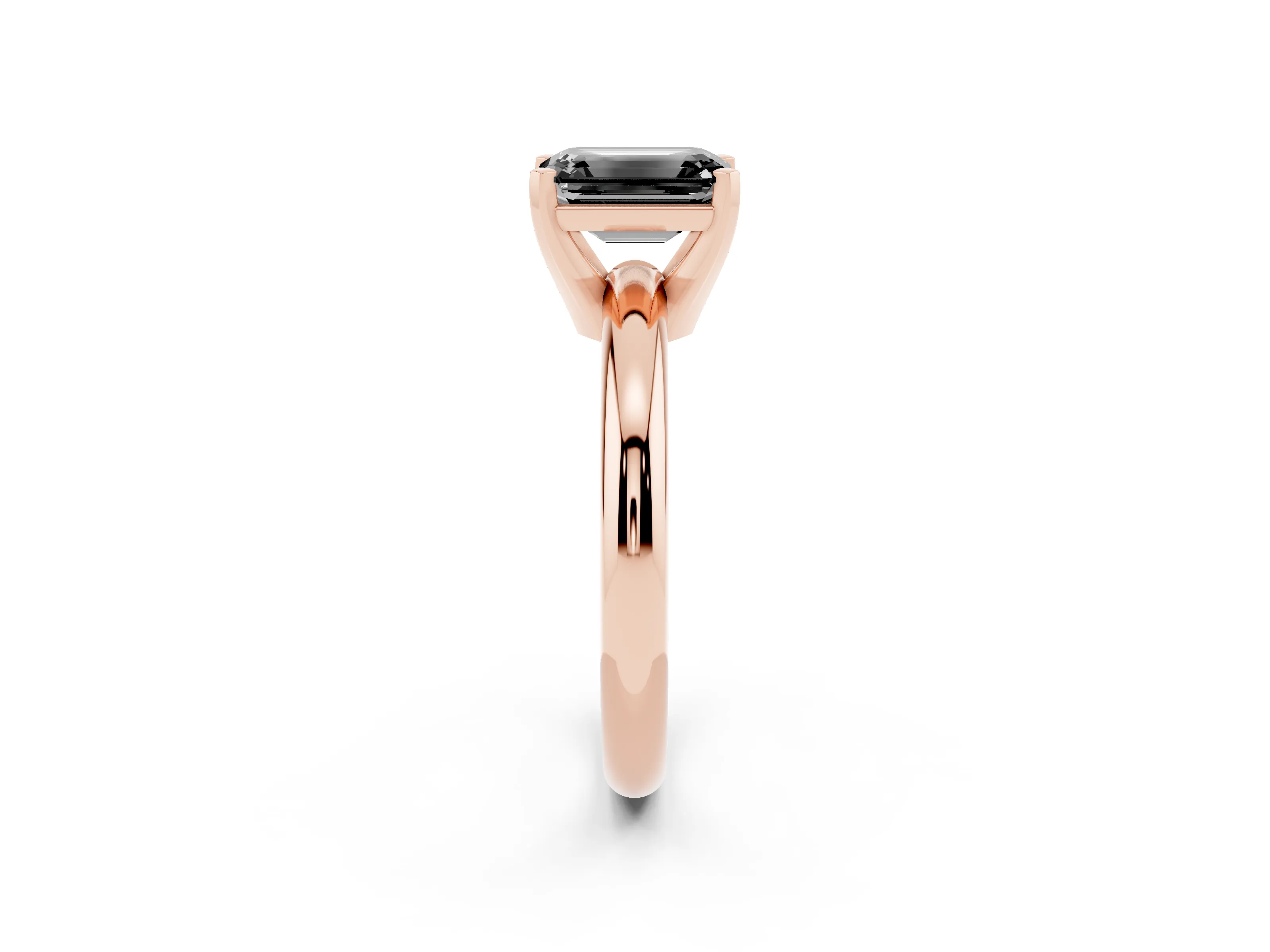 Fancy Black Emerald Cut Diamond Solitaire Engagement Ring Set in Rose gold with Round Band and Prong Setting
