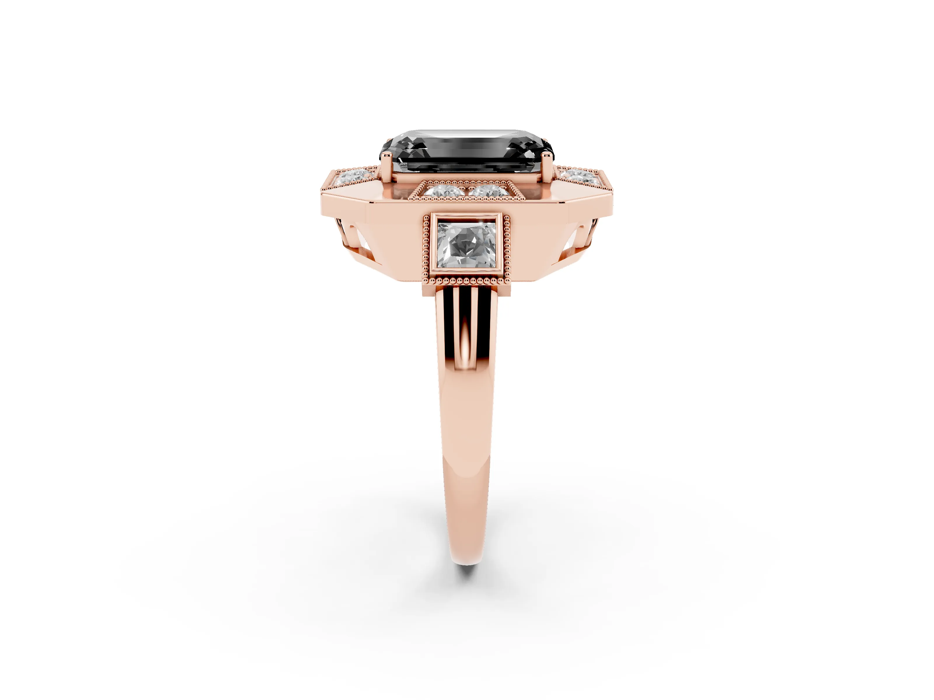 Fancy Black Emerald Cut Diamond Milgrain Halo Ring Set in Rose gold with Split Shank