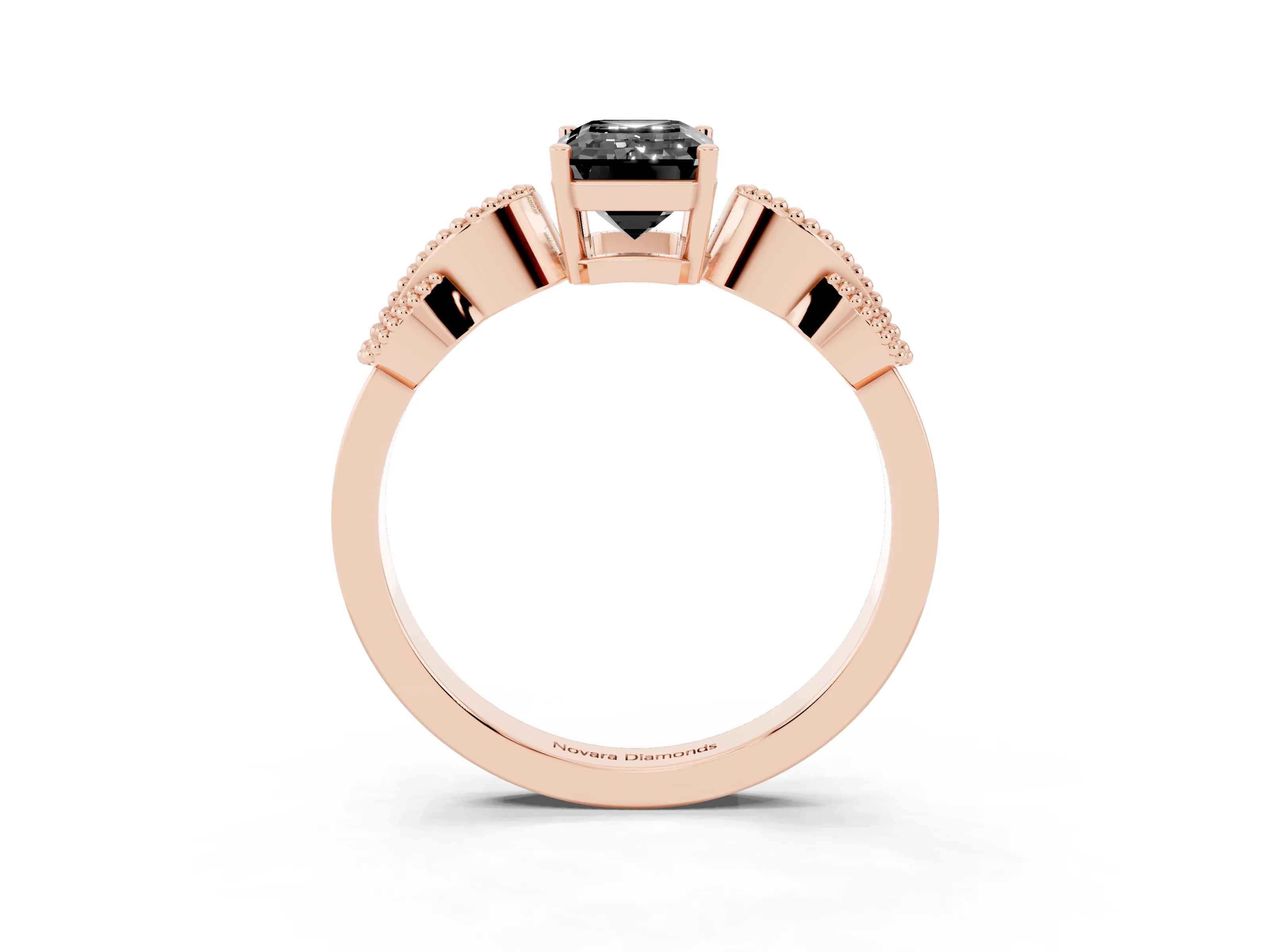 Fancy Black Emerald Cut Diamond Milgrain Leaf Band Solitaire Ring Set in Rose gold with Accent Stones and Prong Setting