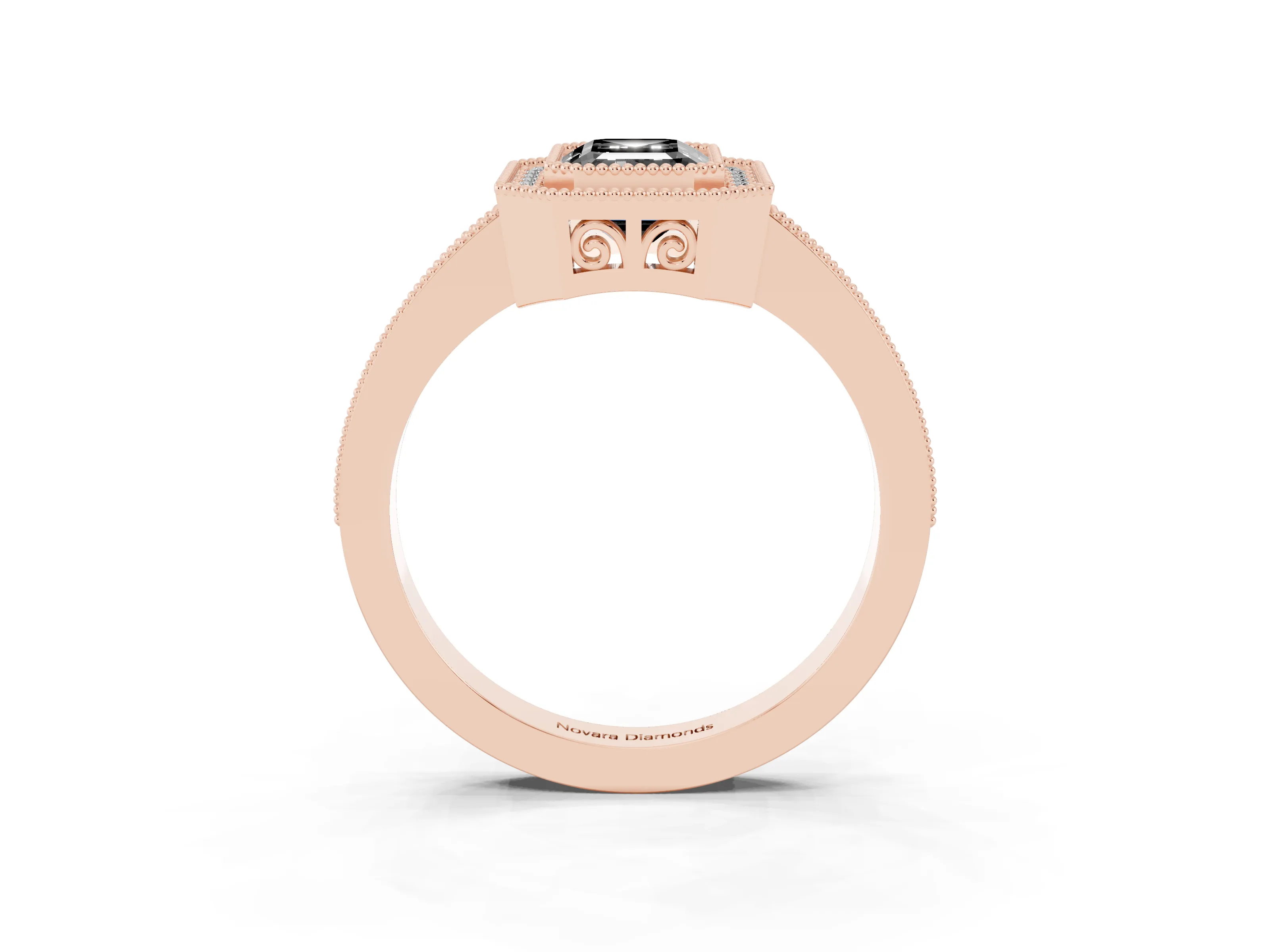 Fancy Black Emerald Cut Diamond Round Halo Ring Set in Rose gold with Pavé Band