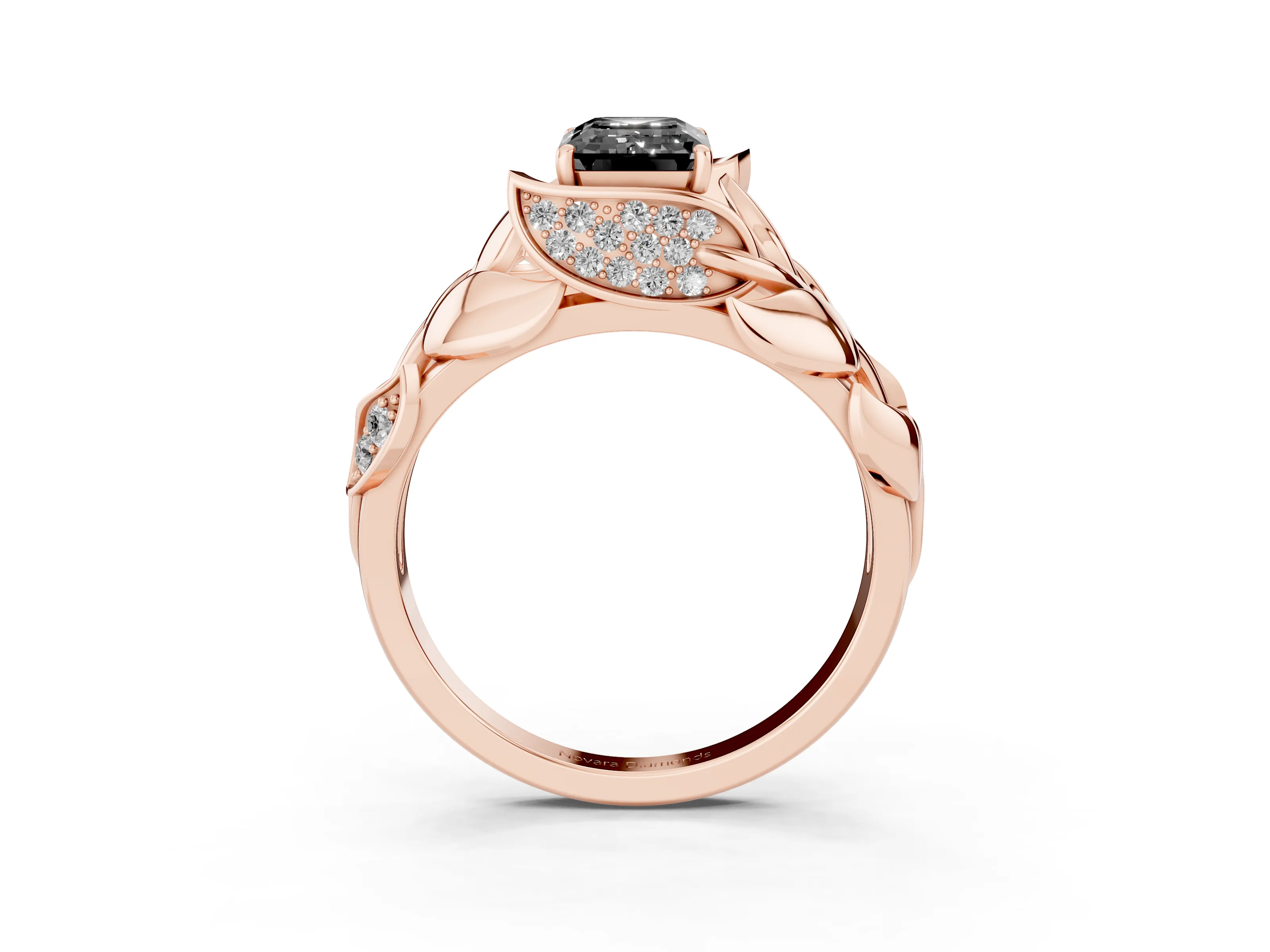 Fancy Black Emerald Cut Diamond Leaf-Inspired Engagement Ring Set in Rose gold with Round Accents