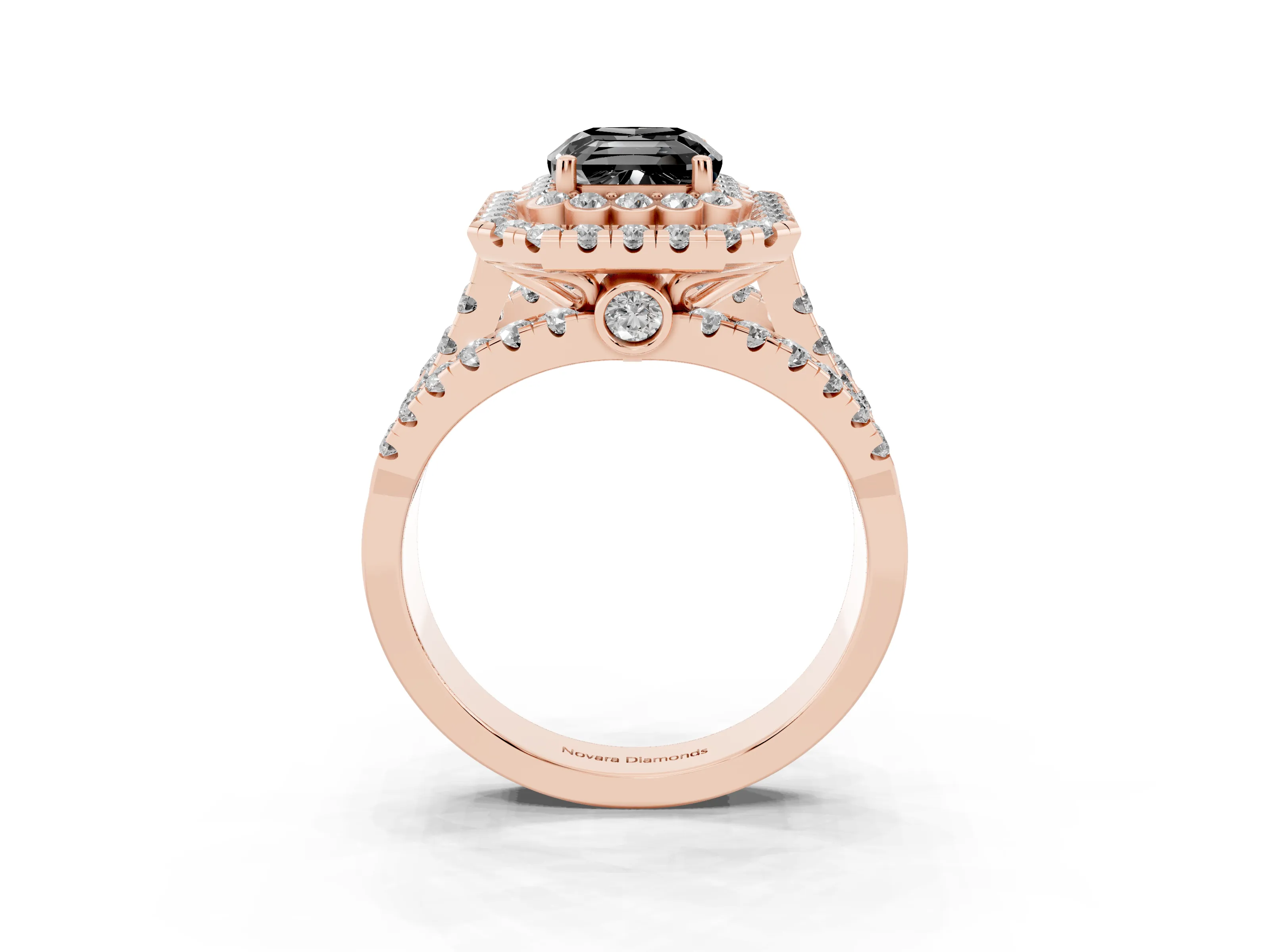 Fancy Black Emerald Cut Diamond Double Halo Ring Set in Rose gold with Round Pavé Split Shank