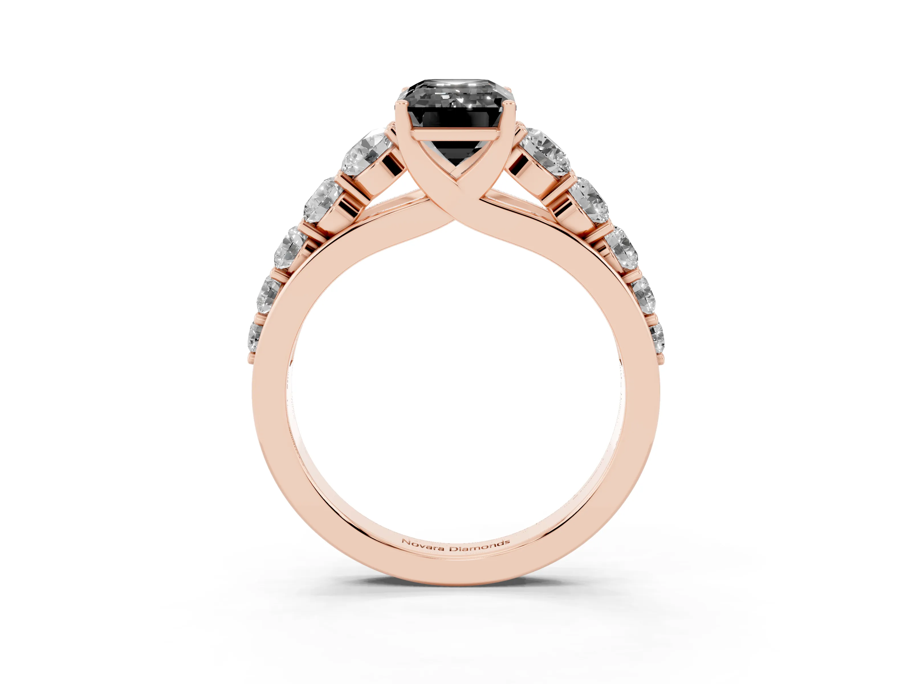 Fancy Black Emerald Cut Diamond Solitaire Ring Set in Rose gold with Pavé-Set Band and Prong Setting
