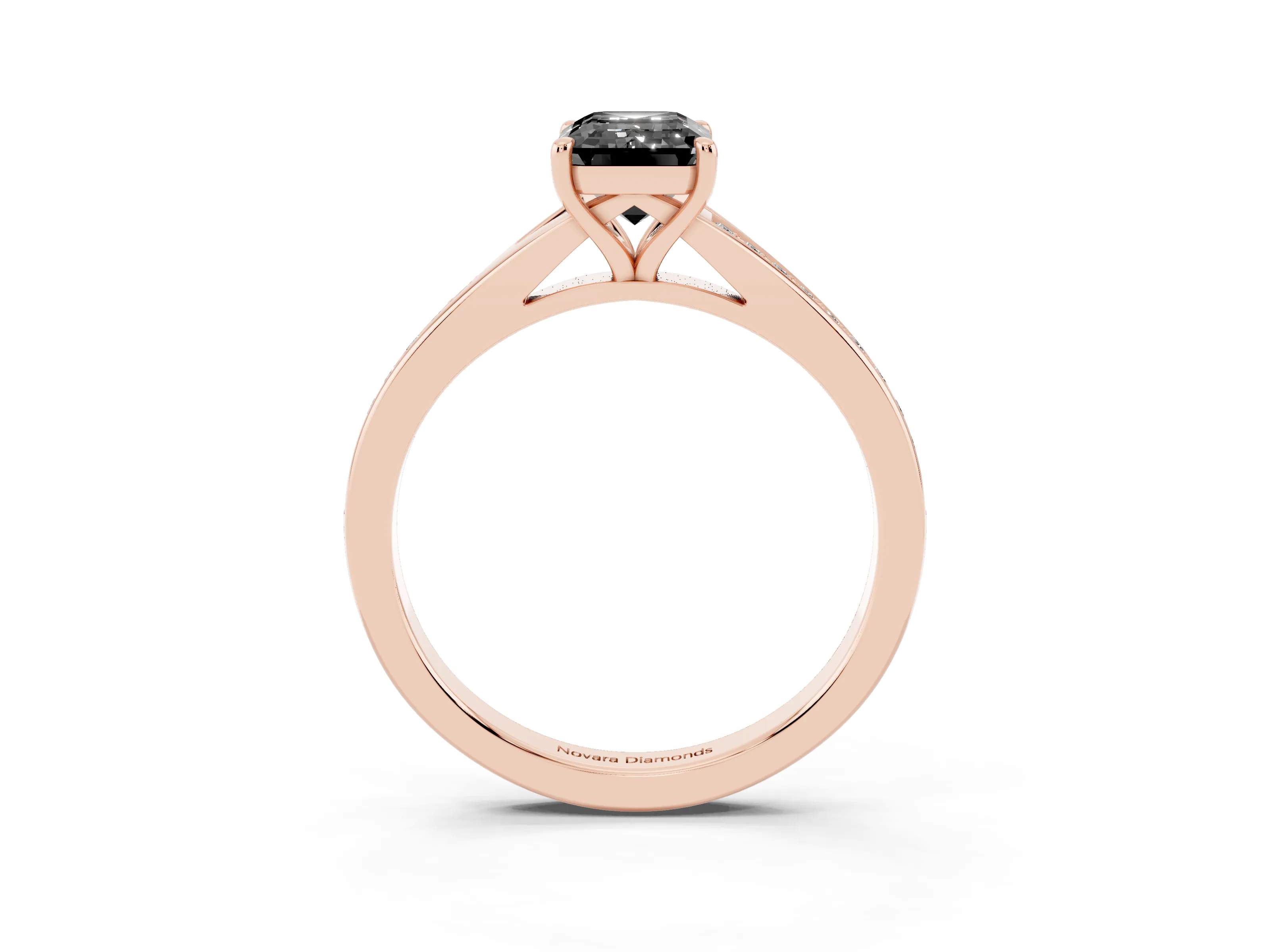 Fancy Black Emerald Cut Diamond Solitaire Ring Set in Rose gold with Pavé Accent Band and Classic Prong Setting