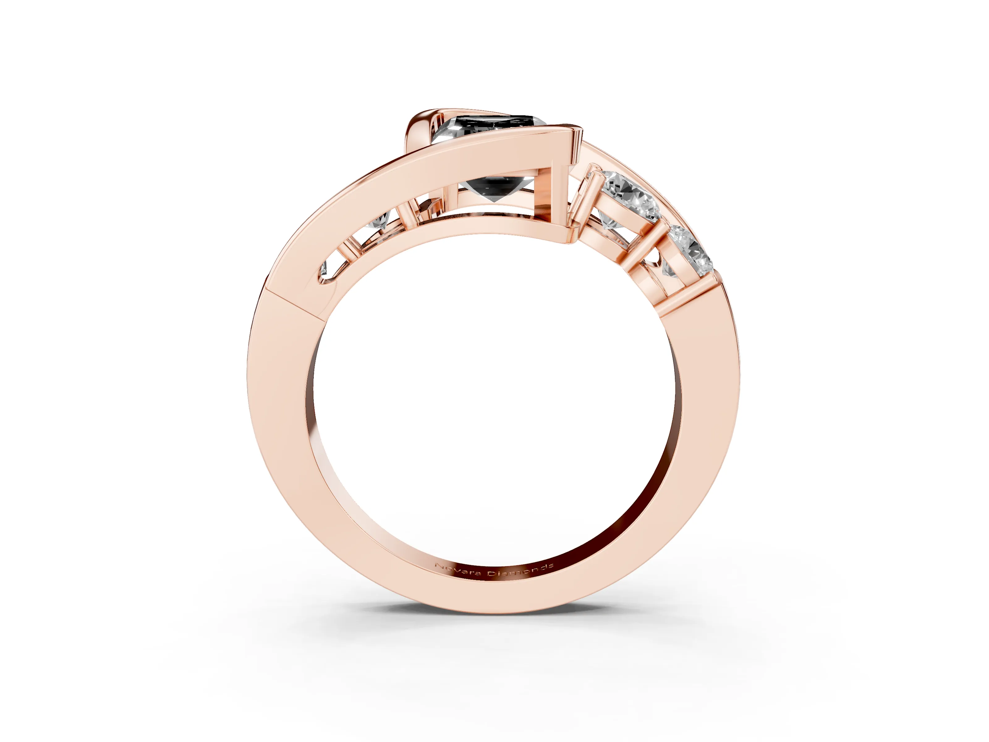 Fancy Black Emerald Cut Diamond Bezel Bypass Ring Set in Rose gold with Round Accents