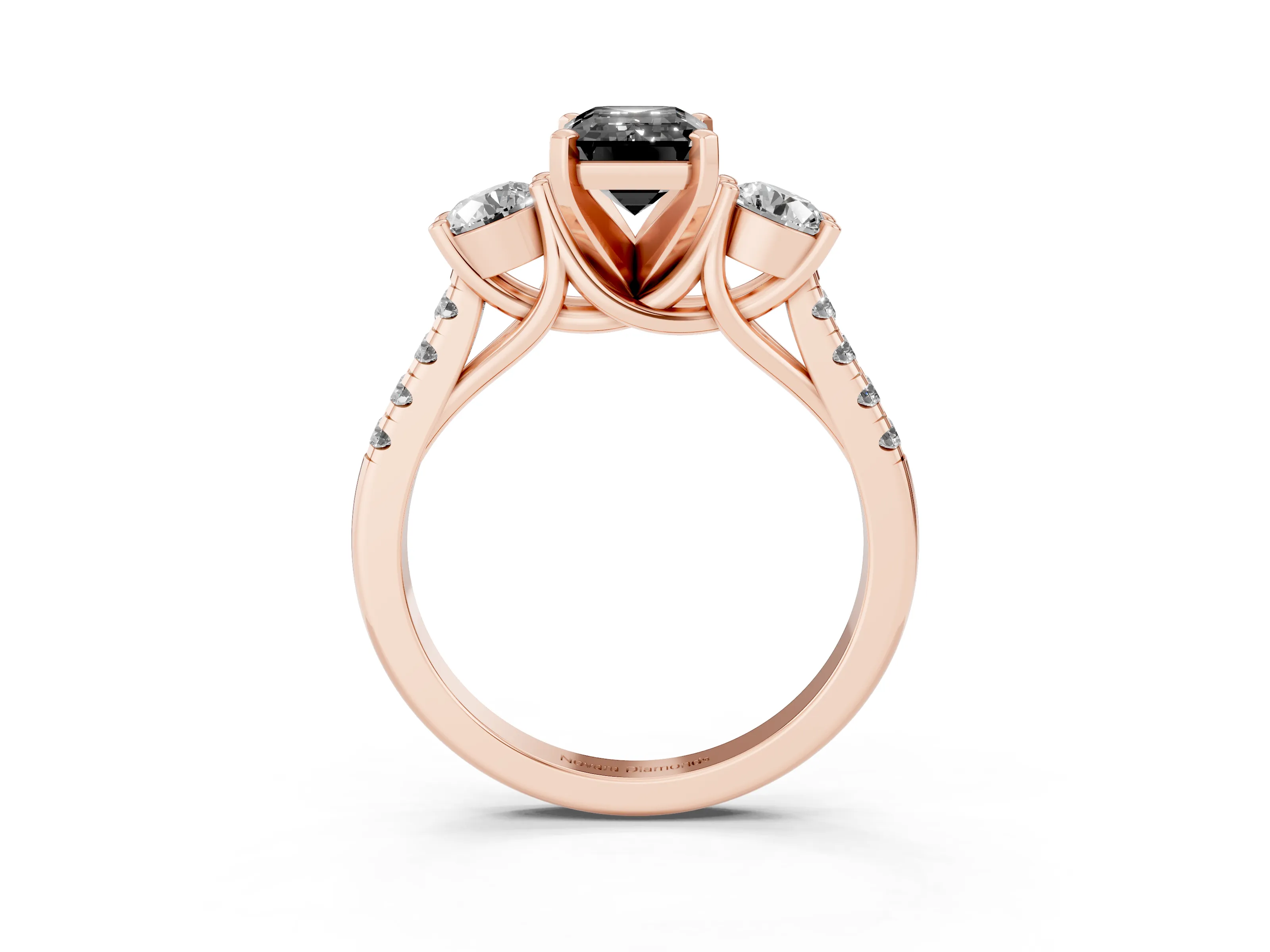 Fancy Black Three-Stone Emerald Cut Diamond Pavé Band Ring Set in Rose gold with Prong-Set Trio