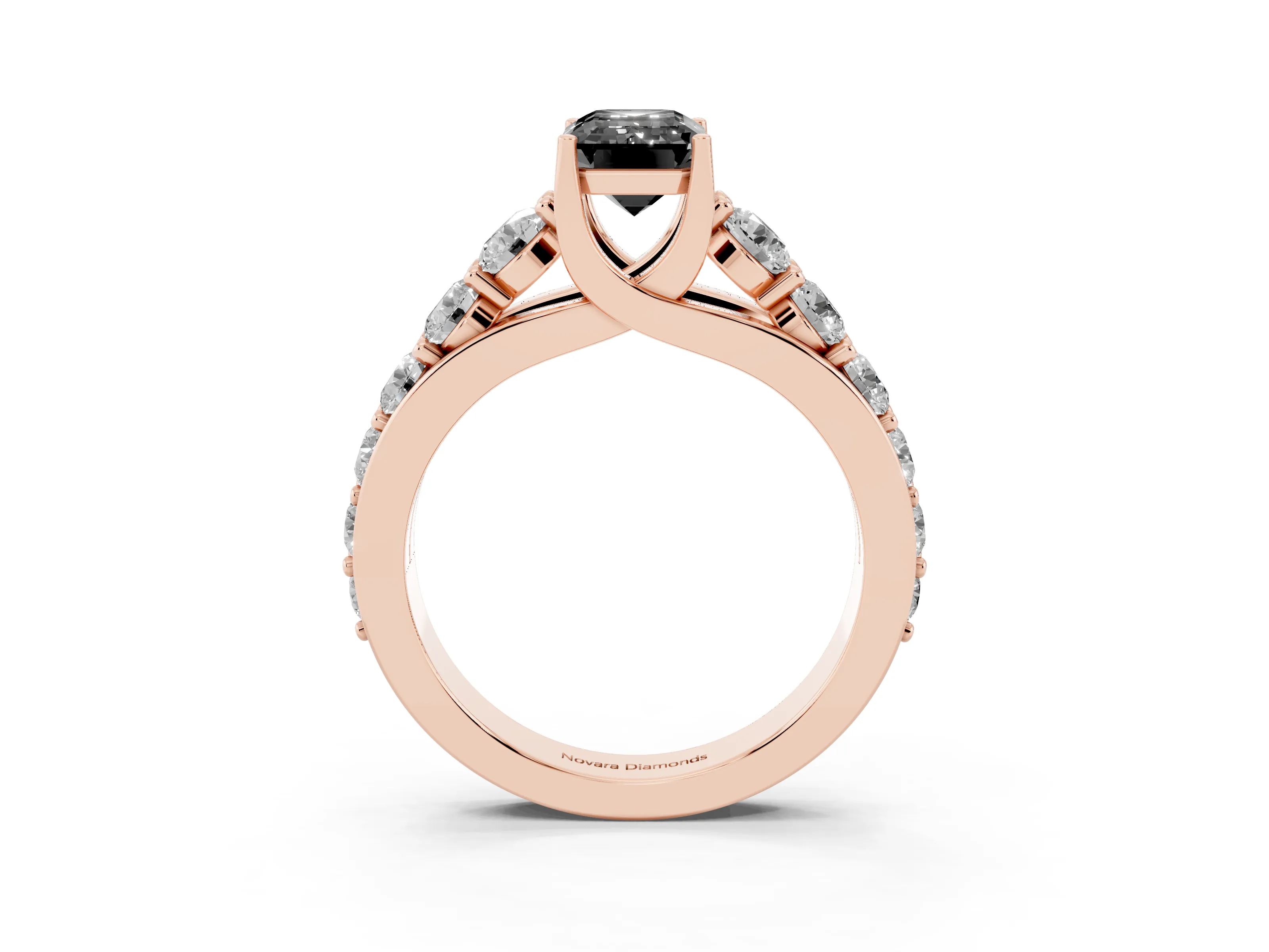 Fancy Black Emerald Cut Diamond Pavé Engagement Ring Set in Rose gold with Prong Setting