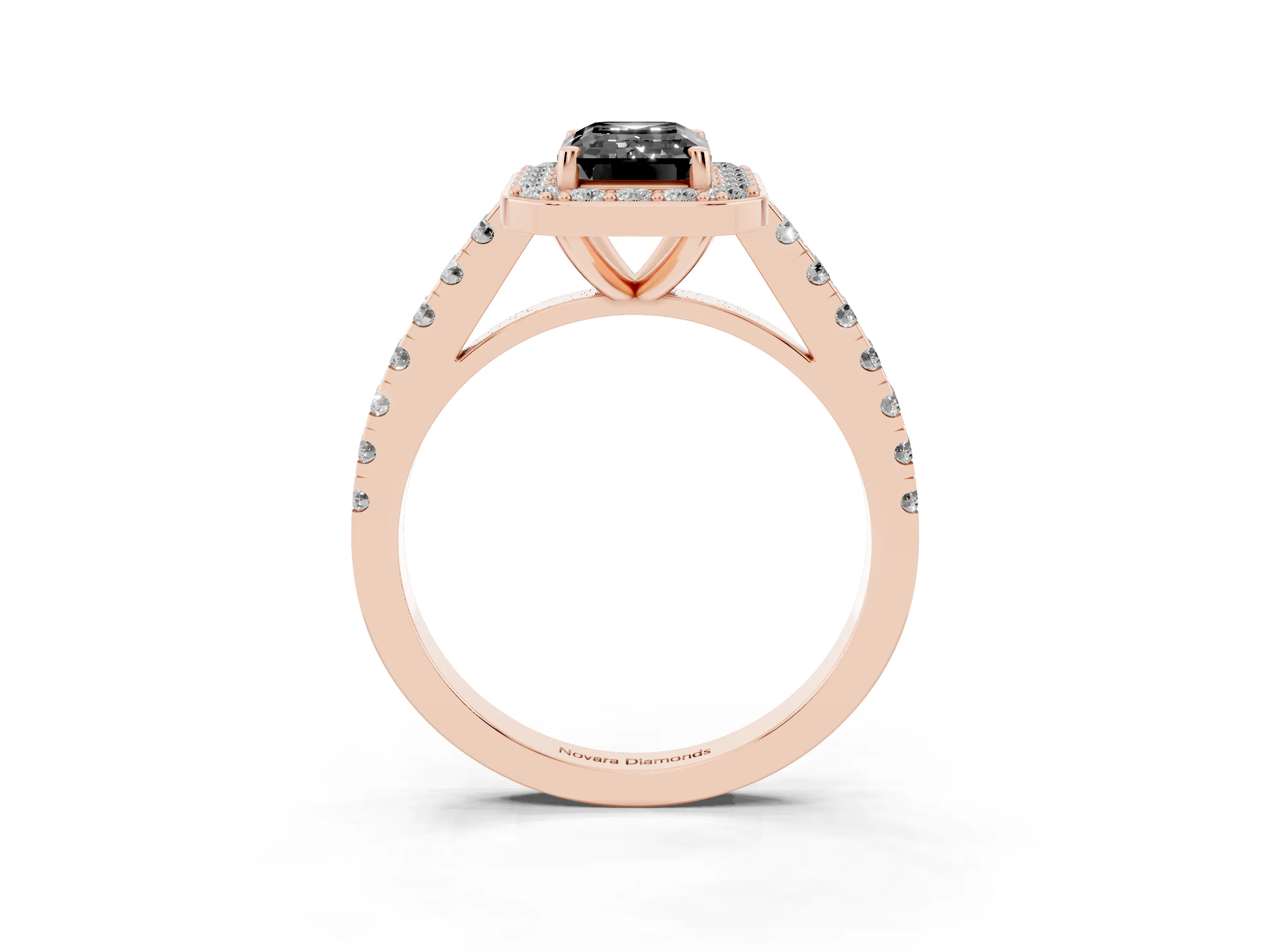 Fancy Black Emerald Cut Diamond Halo Ring Set in Rose gold with Round Pavé Split Shank and Prong Setting