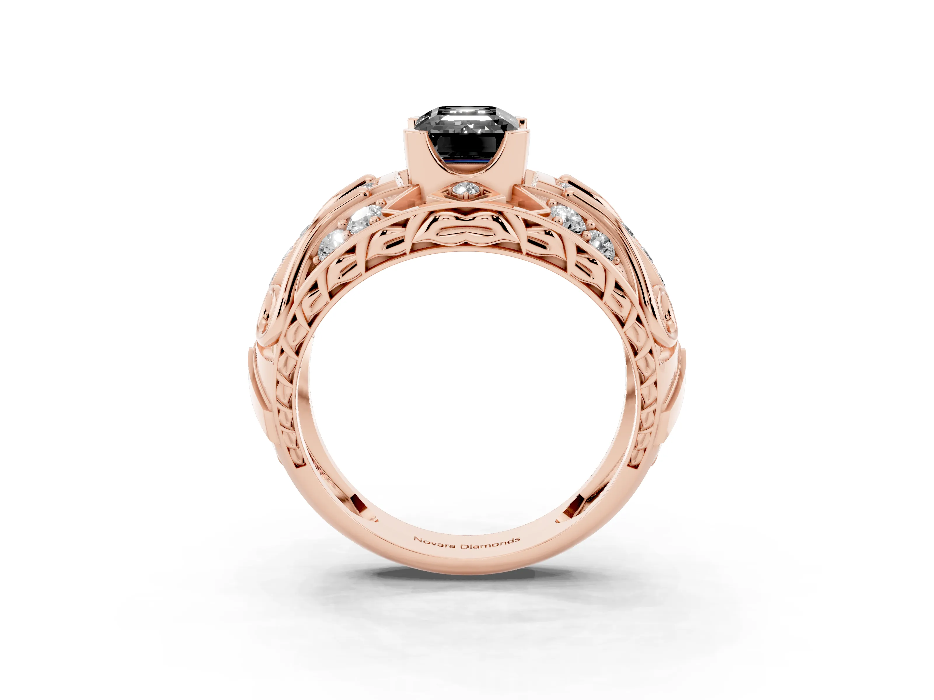 Fancy Black Emerald Cut Diamond Art Deco Ring Set in Rose gold with Pavé Split Shank