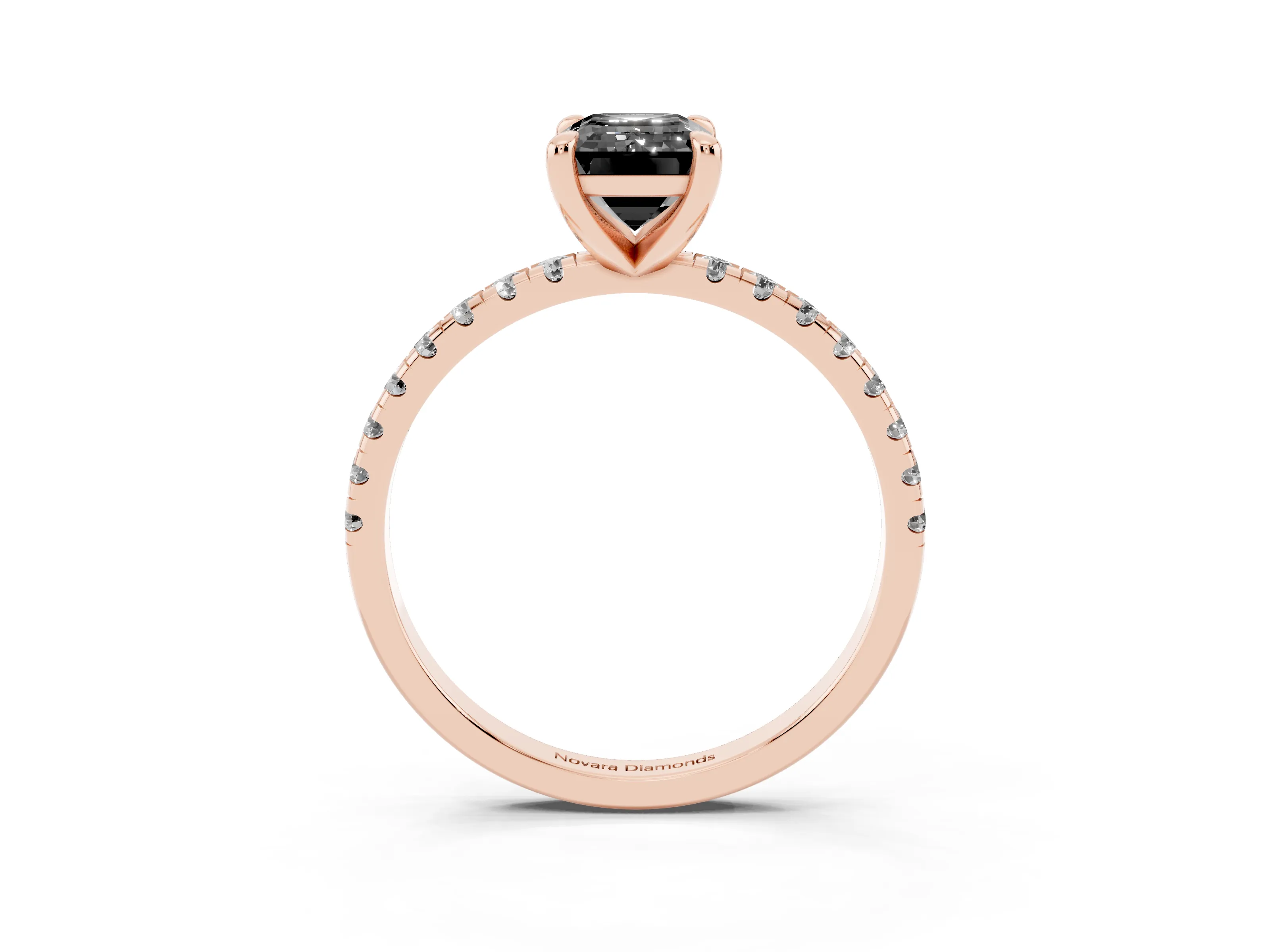 Fancy Black Emerald Cut Diamond Brilliant Solitaire Ring Set in Rose gold with Pavé Band and Prong Setting