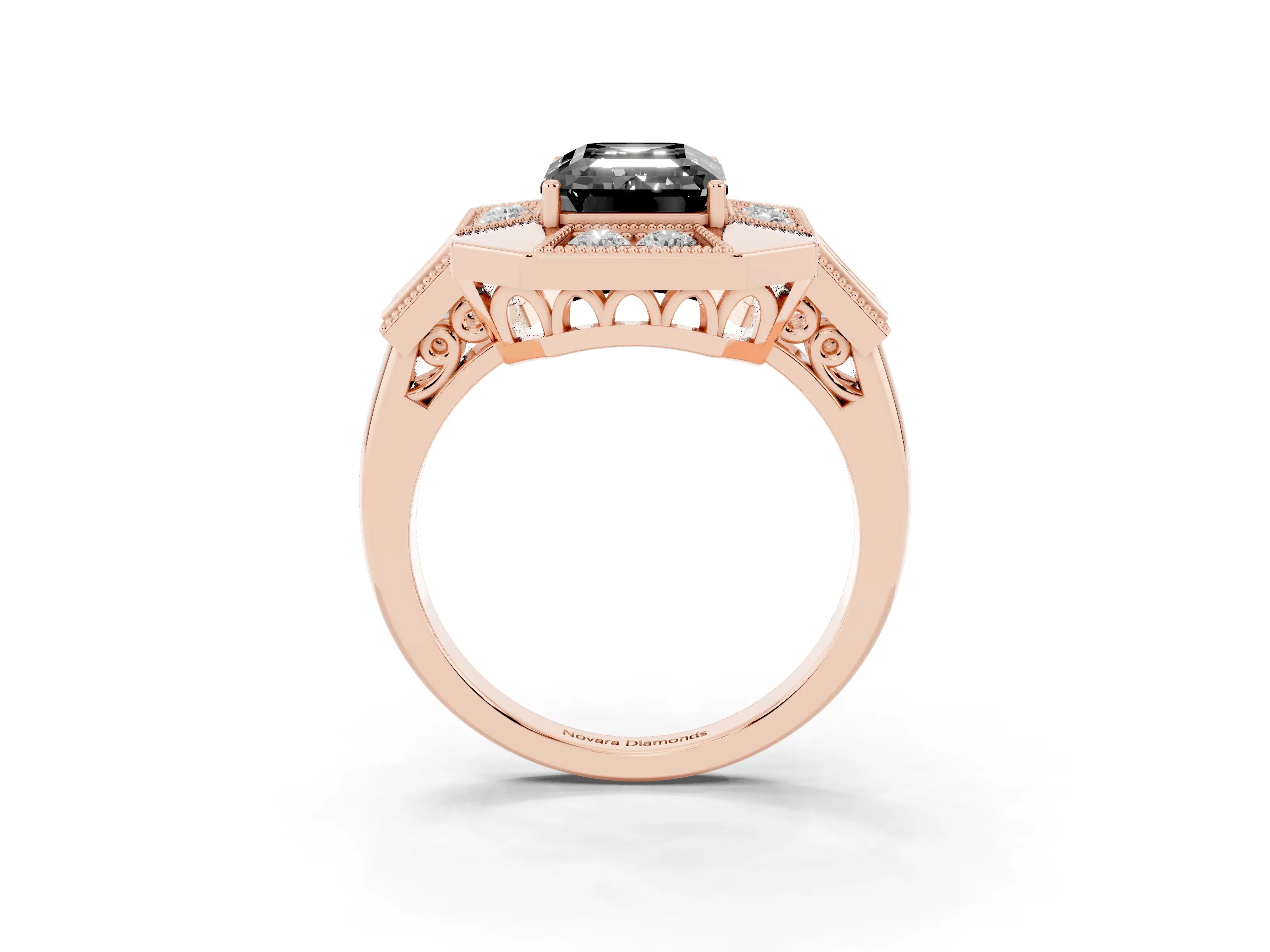 Fancy Black Emerald Cut Diamond Milgrain Halo Ring Set in Rose gold with Split Shank