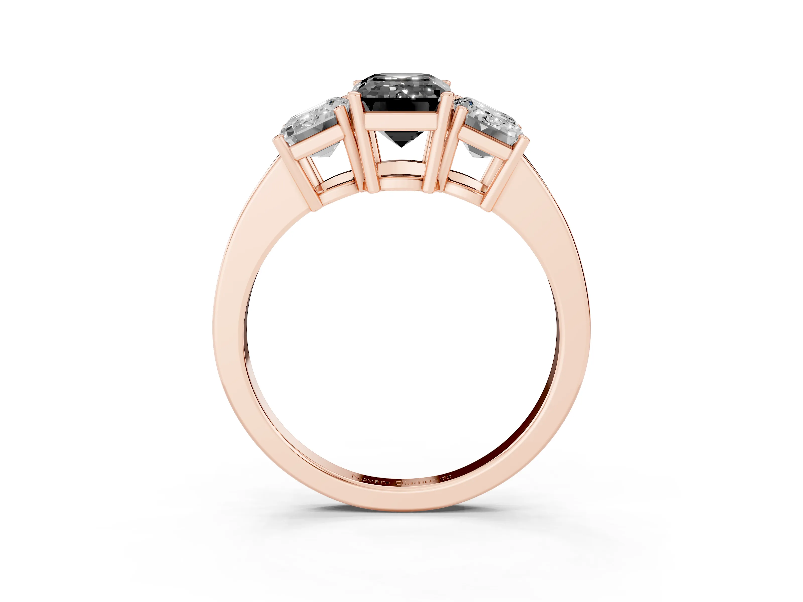 Fancy Black Emerald Cut Diamond Three-Stone Engagement Ring Set in Rose gold with Flat Band