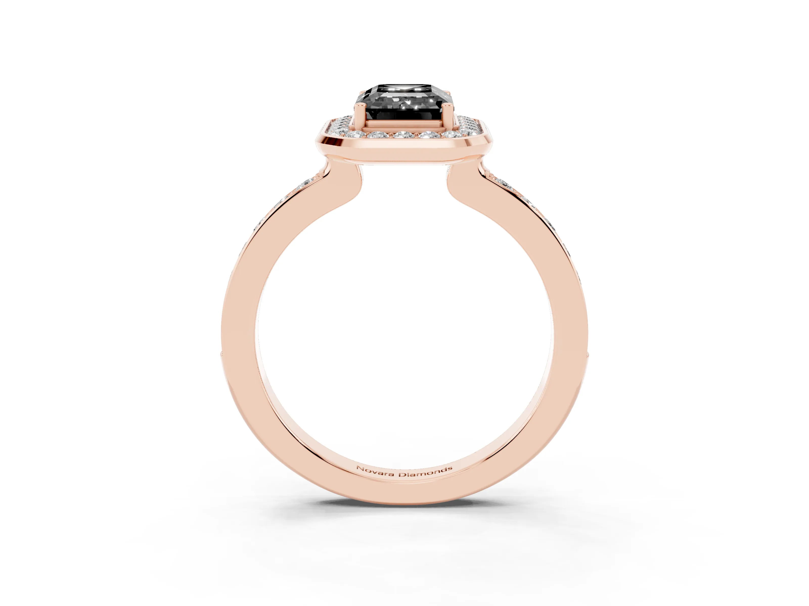 Fancy Black Emerald Cut Diamond Halo Ring Set in Rose gold with Bezel Frame and Pavé Band