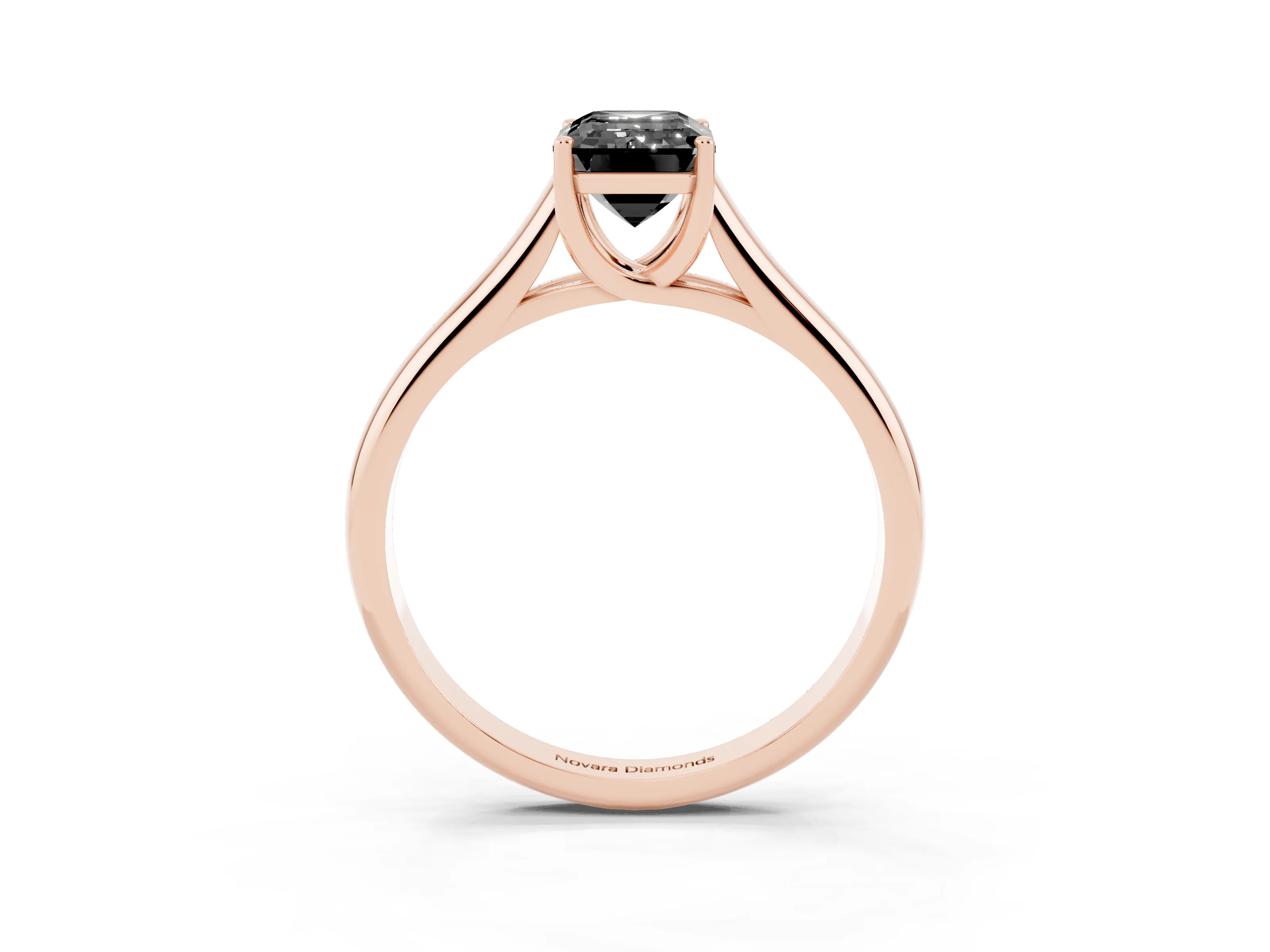 Fancy Black Emerald Cut Diamond Solitaire Engagement Ring Set in Rose gold with Subtly Tapered Band and Prong Setting