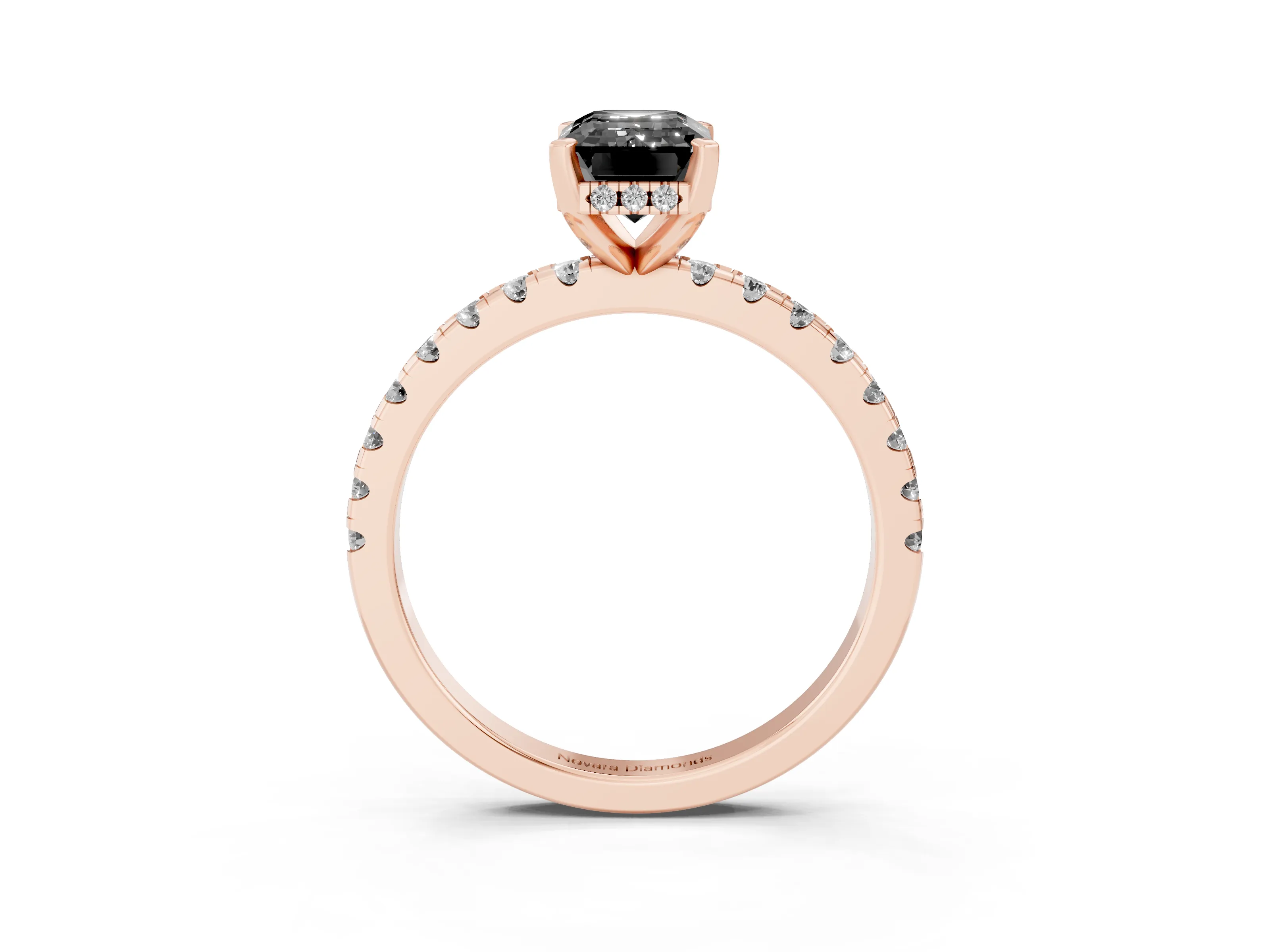 Fancy Black Emerald Cut Diamond Pavé Solitaire Ring Set in Rose gold with Round Band Accents and Prong Setting