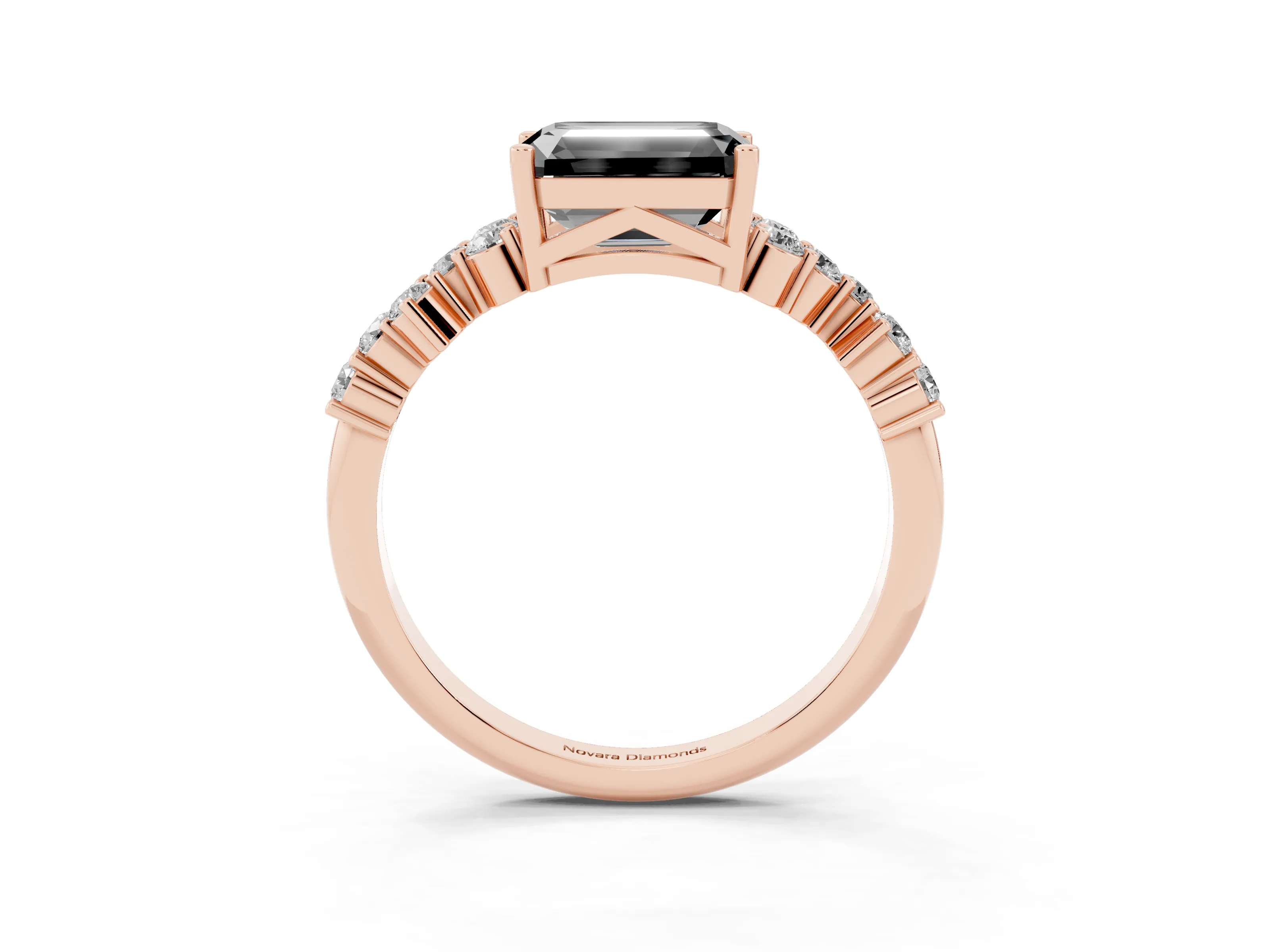 Fancy Black Emerald Cut Diamond Ring Set in Rose gold with Scattered Round Accents