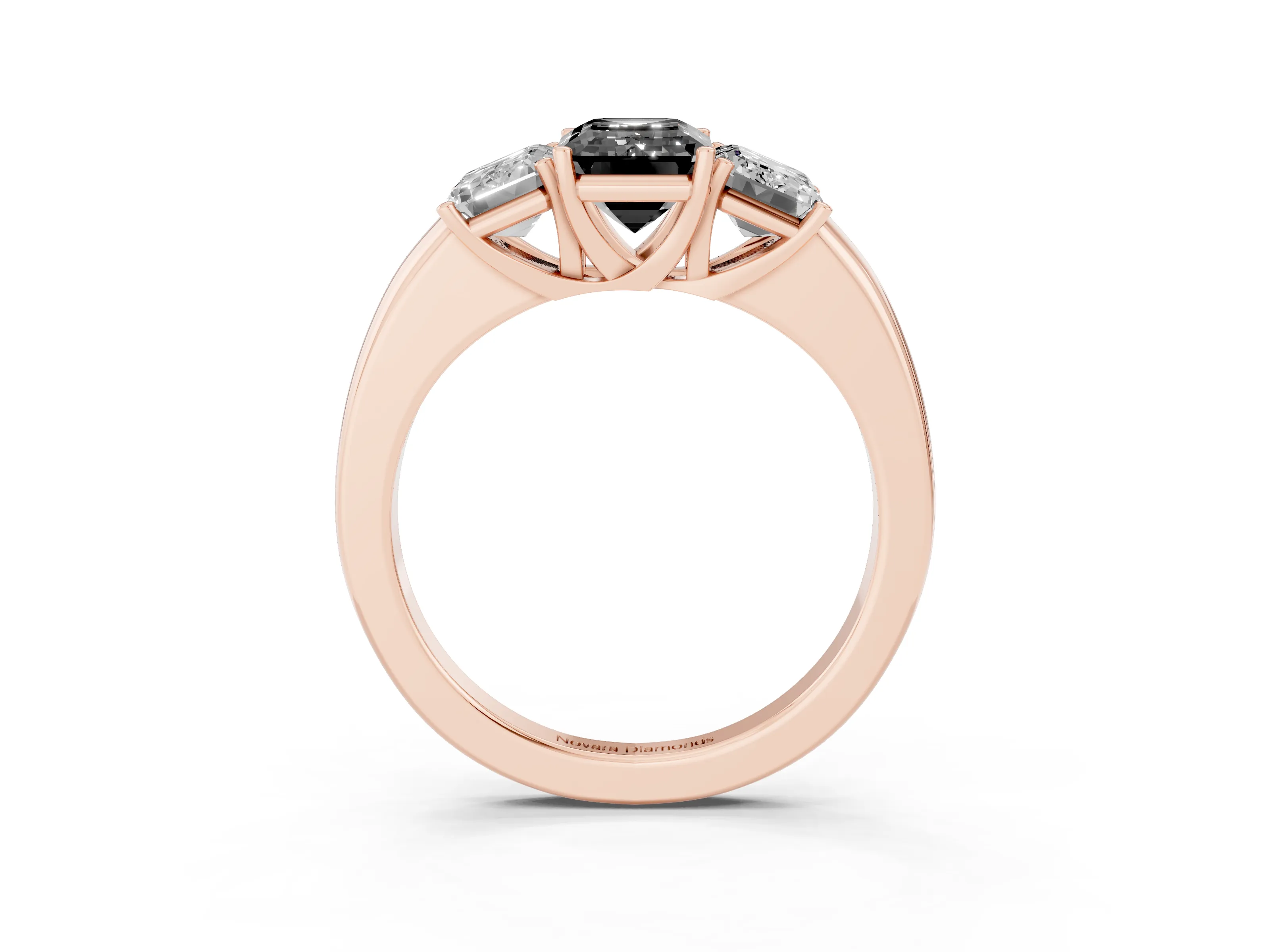 Fancy Black Emerald Cut Diamond Three-Stone Ring Set in Rose gold with Bold Center and Classic Band