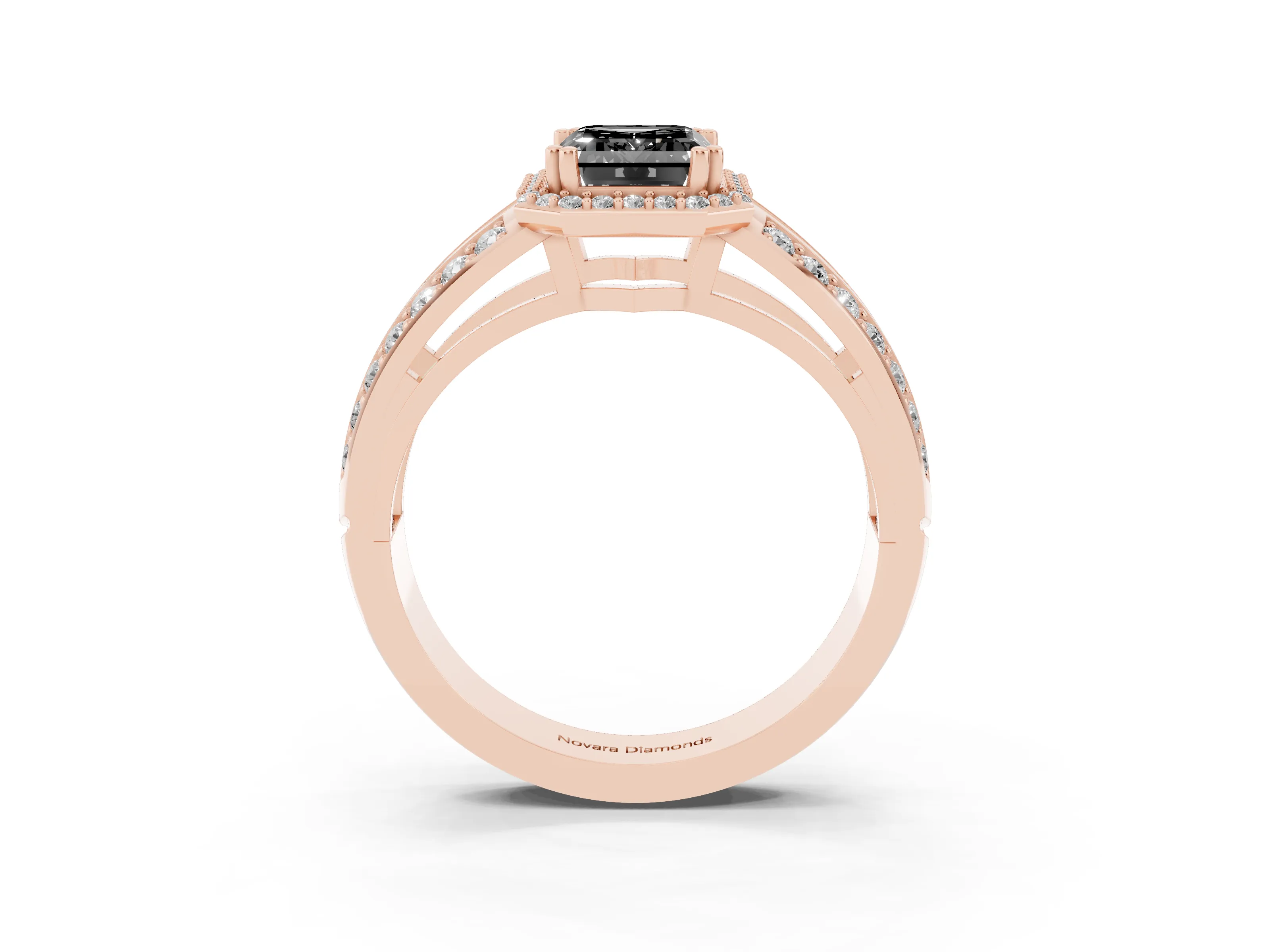 Fancy Black Emerald Cut Diamond Halo Ring Set in Rose gold with Double Pavé Split Shank