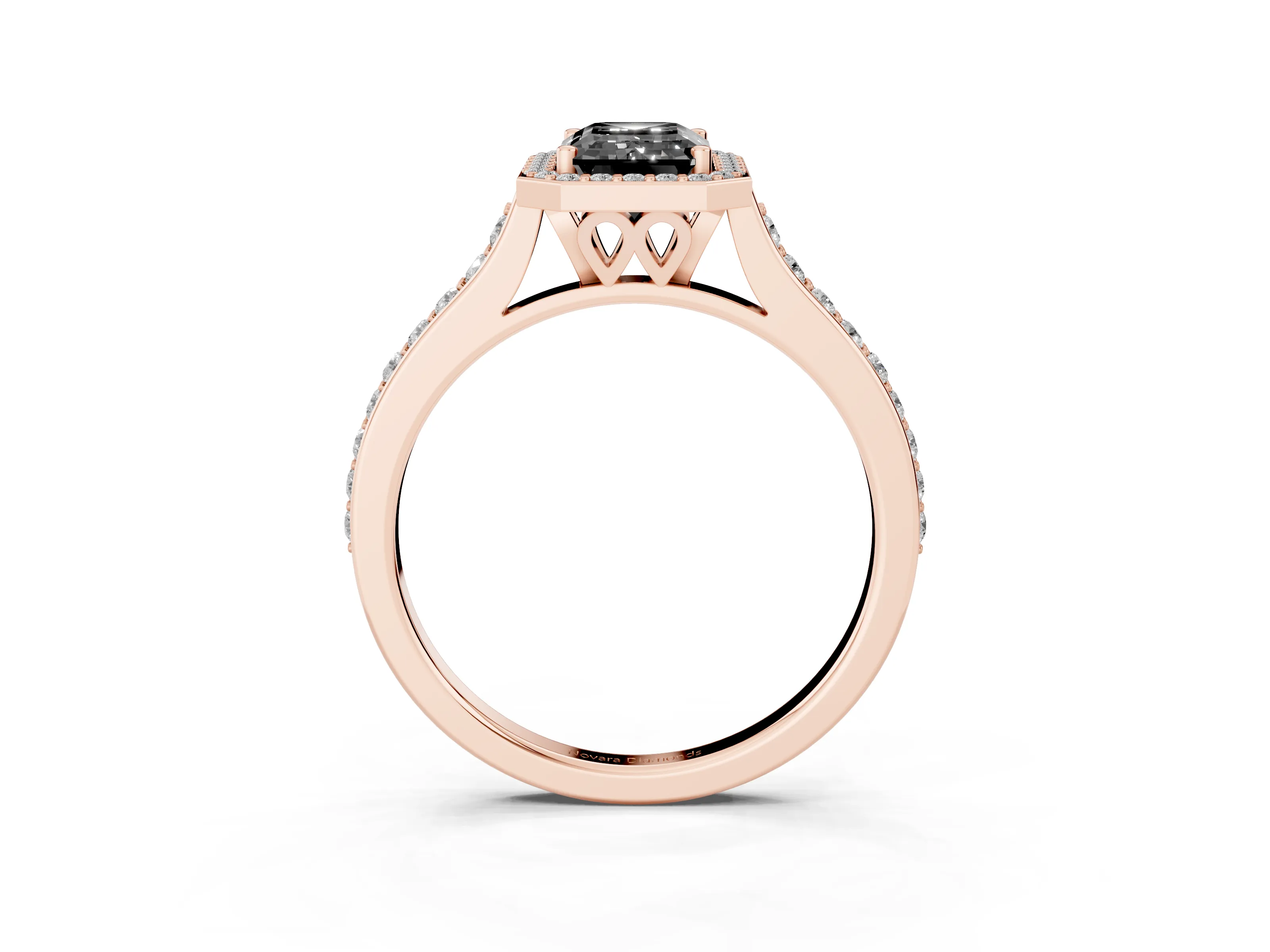 Fancy Black Emerald Cut Diamond Halo Engagement Ring Set in Rose gold with Round Pavé Shoulders and Heart Gallery