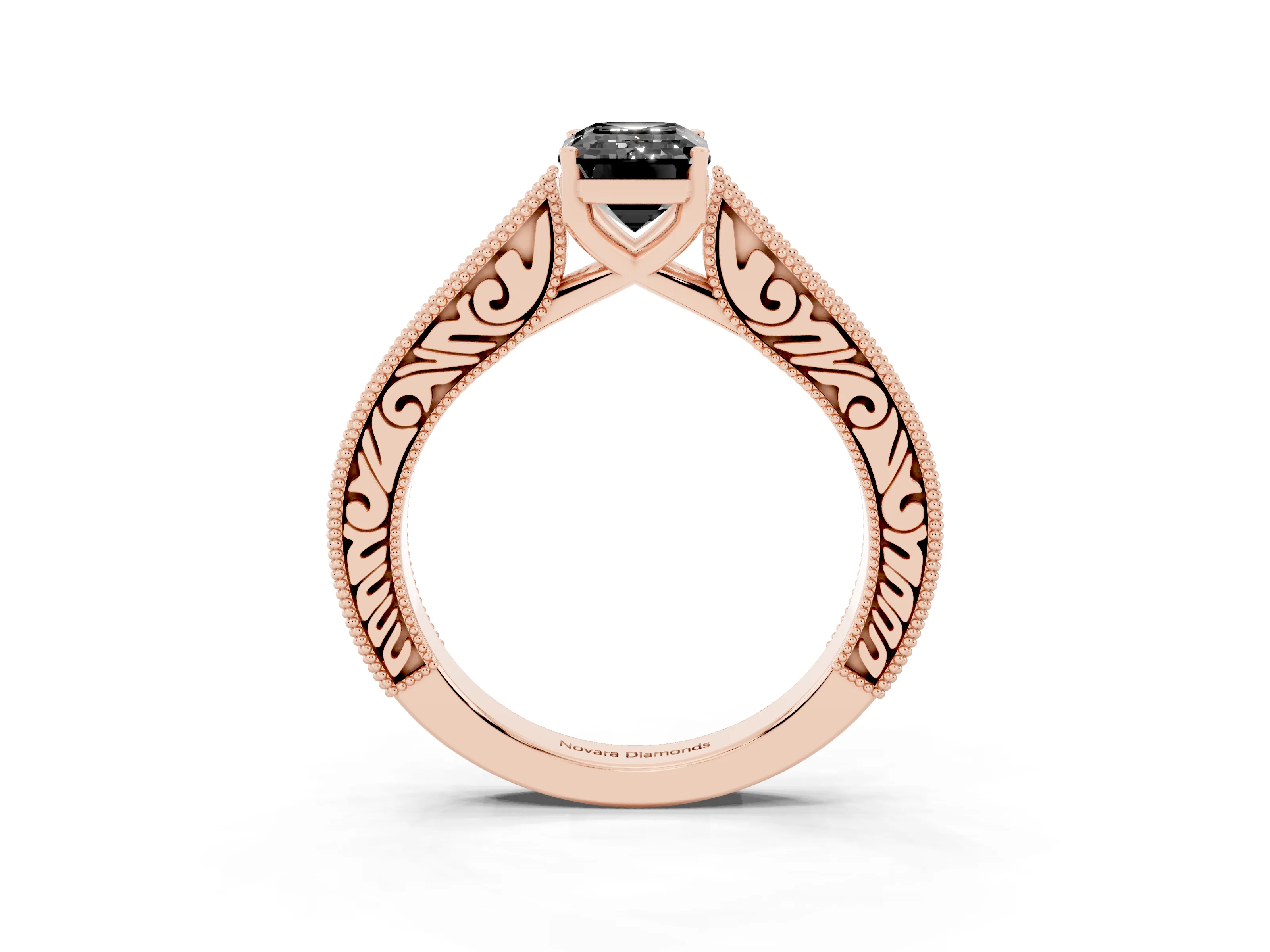 Fancy Black Emerald Cut Diamond Milgrain Pavé Band Solitaire Ring Set in Rose gold with Prong Setting