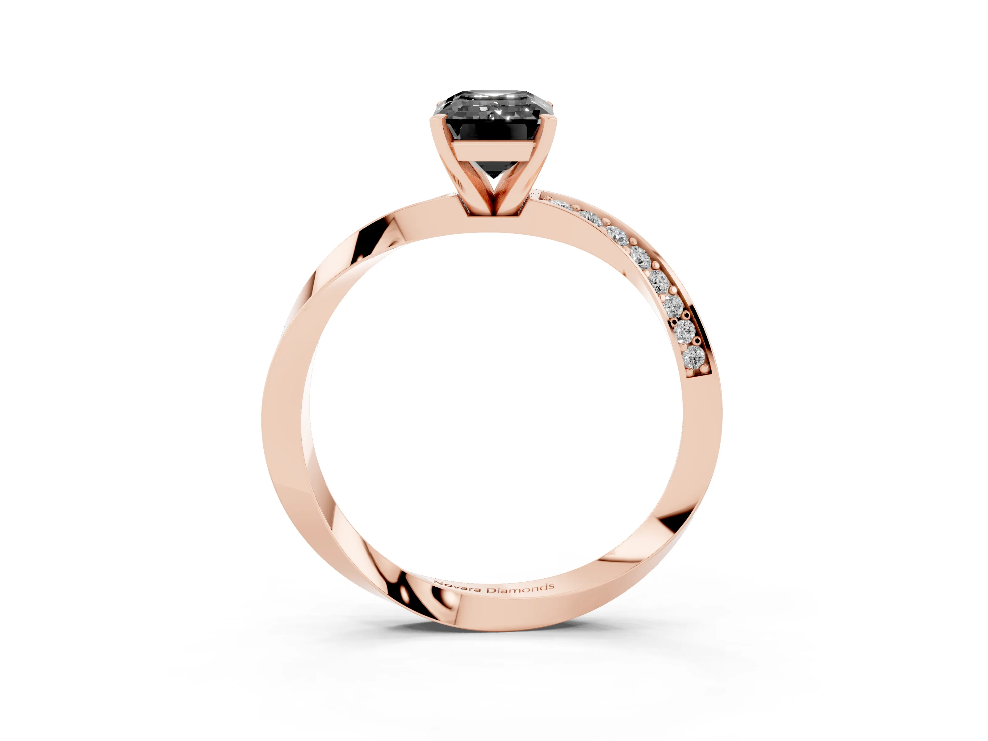 Fancy Black Emerald Cut Diamond Engagement Ring Set in Rose gold with Side Stone Accents and Prong Setting