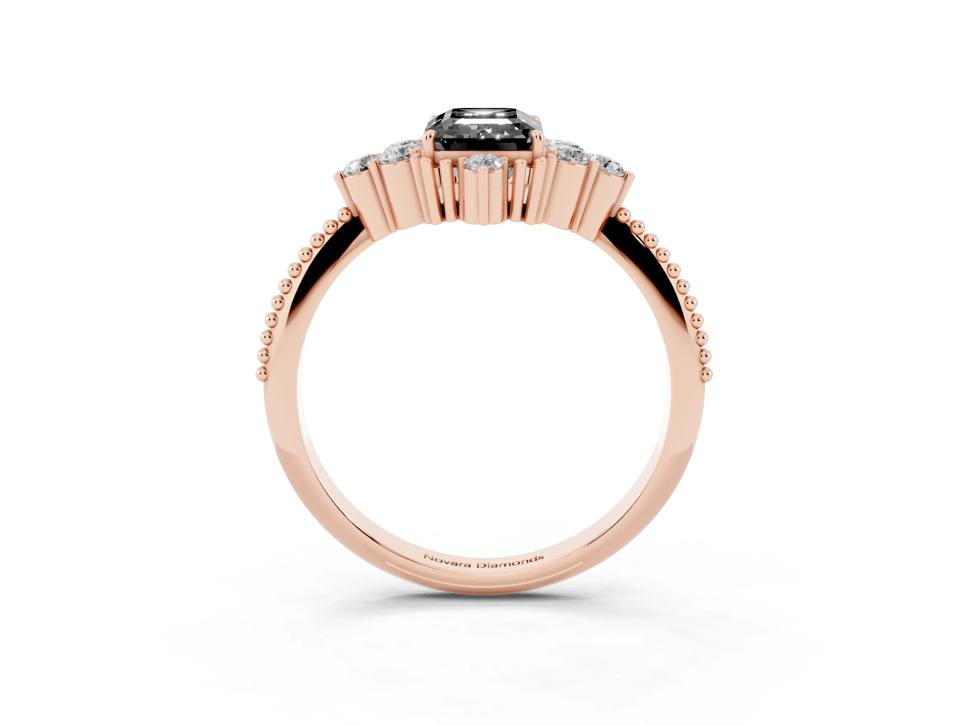 Fancy Black Emerald Cut Diamond Cluster Ring Set in Rose gold with Beaded Band