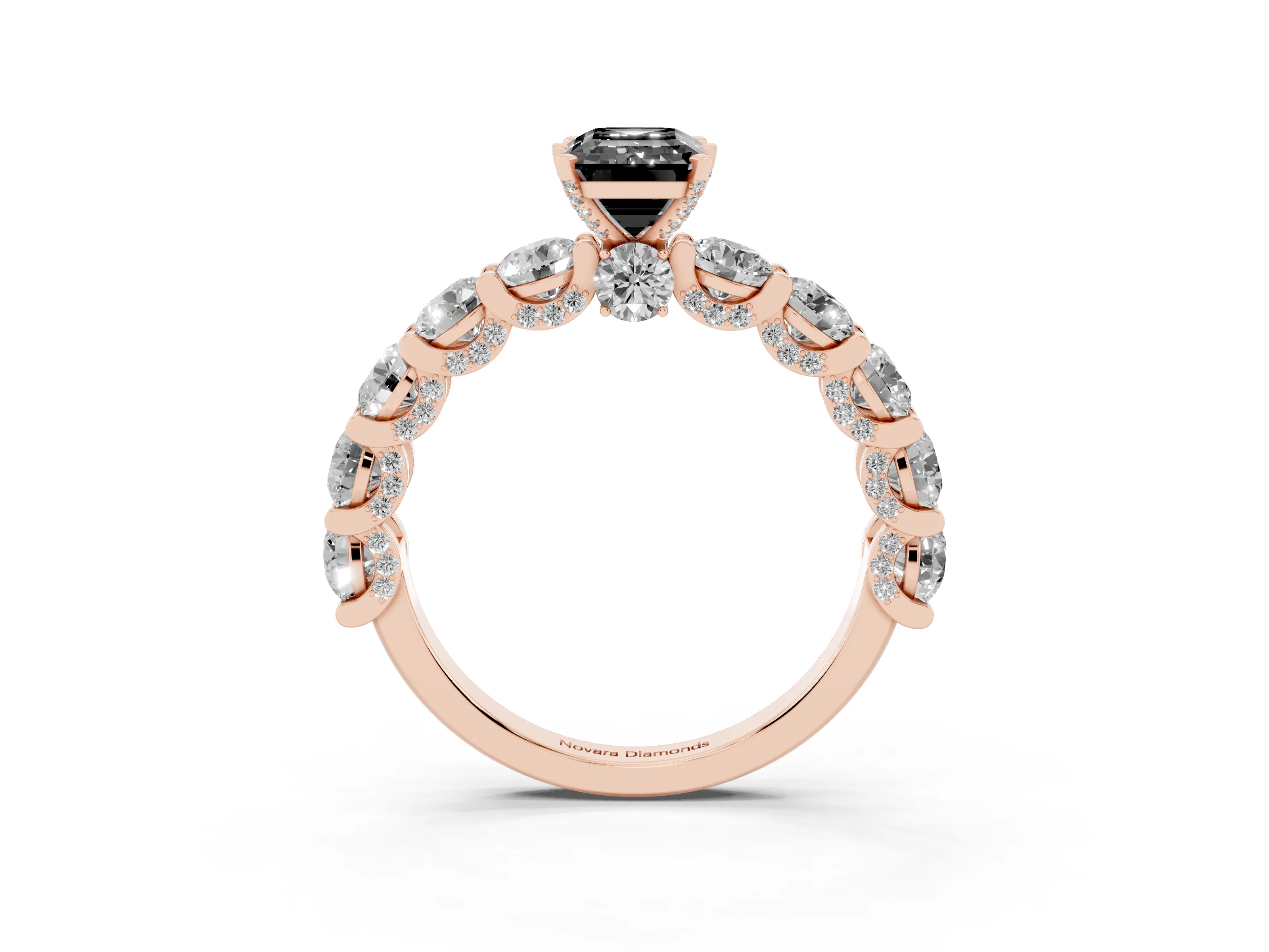 Fancy Black Emerald Cut Diamond Side Stone Ring Set in Rose gold with Alternating Round and Oval Side Stones
