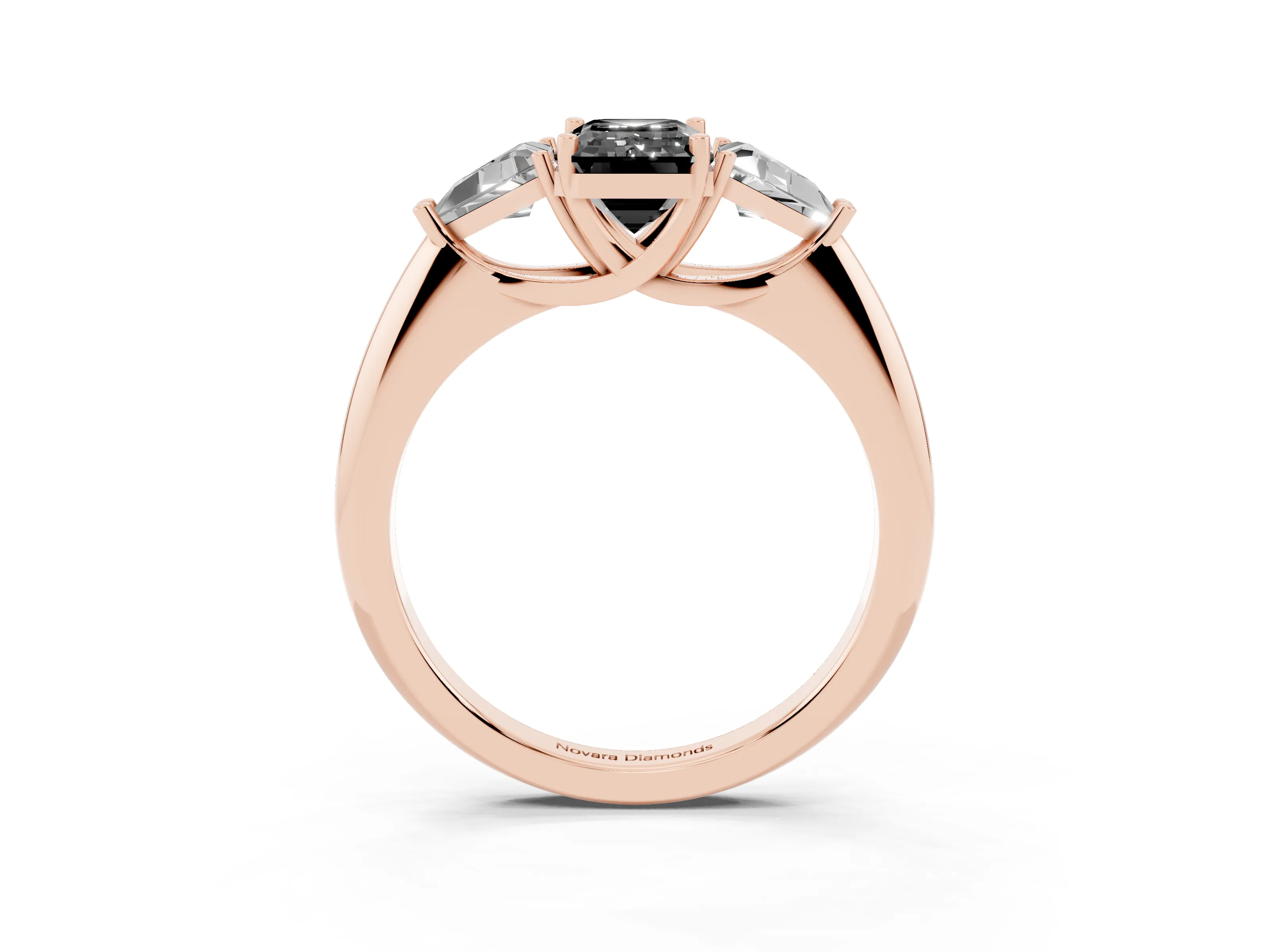 Fancy Black Emerald Cut Diamond Three-Stone Engagement Ring Set in Rose gold with Trillion Side Stones