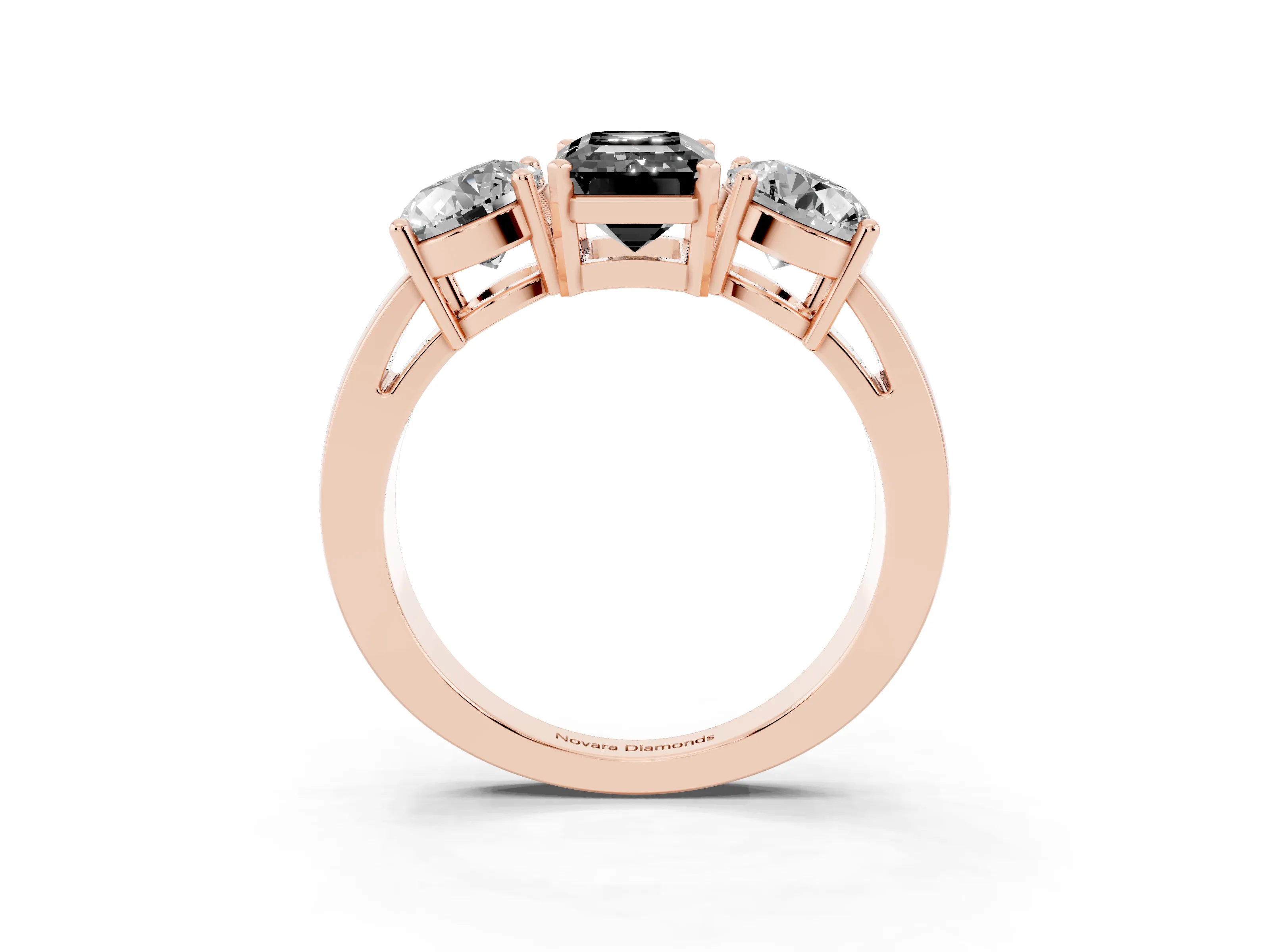 Fancy Black Emerald Cut Diamond Three-Stone Ring Set in Rose gold with Round Side Stones and Classic Band