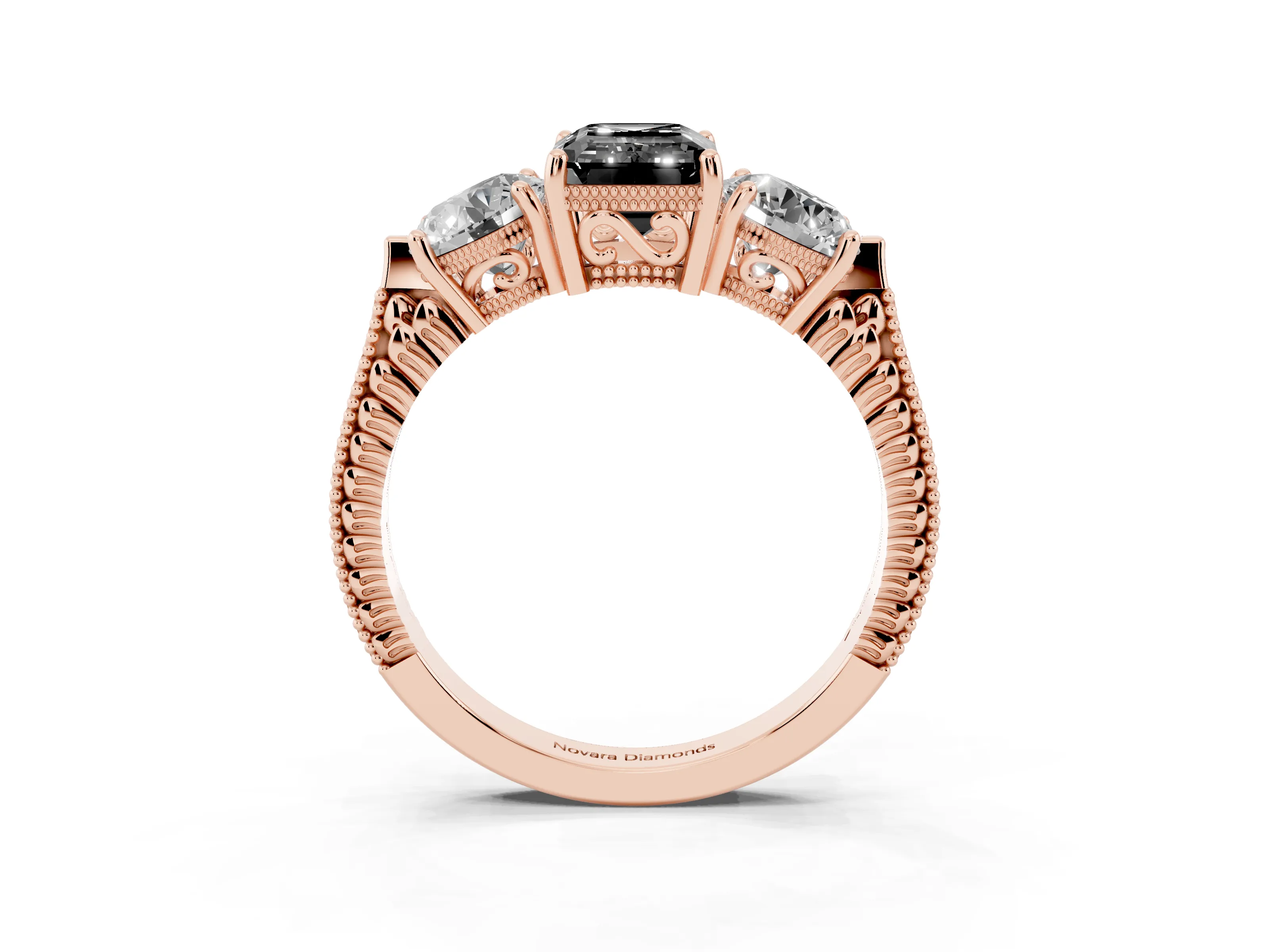 Fancy Black Emerald Cut Diamond Three-Stone Ring Set in Rose gold with Milgrain Band
