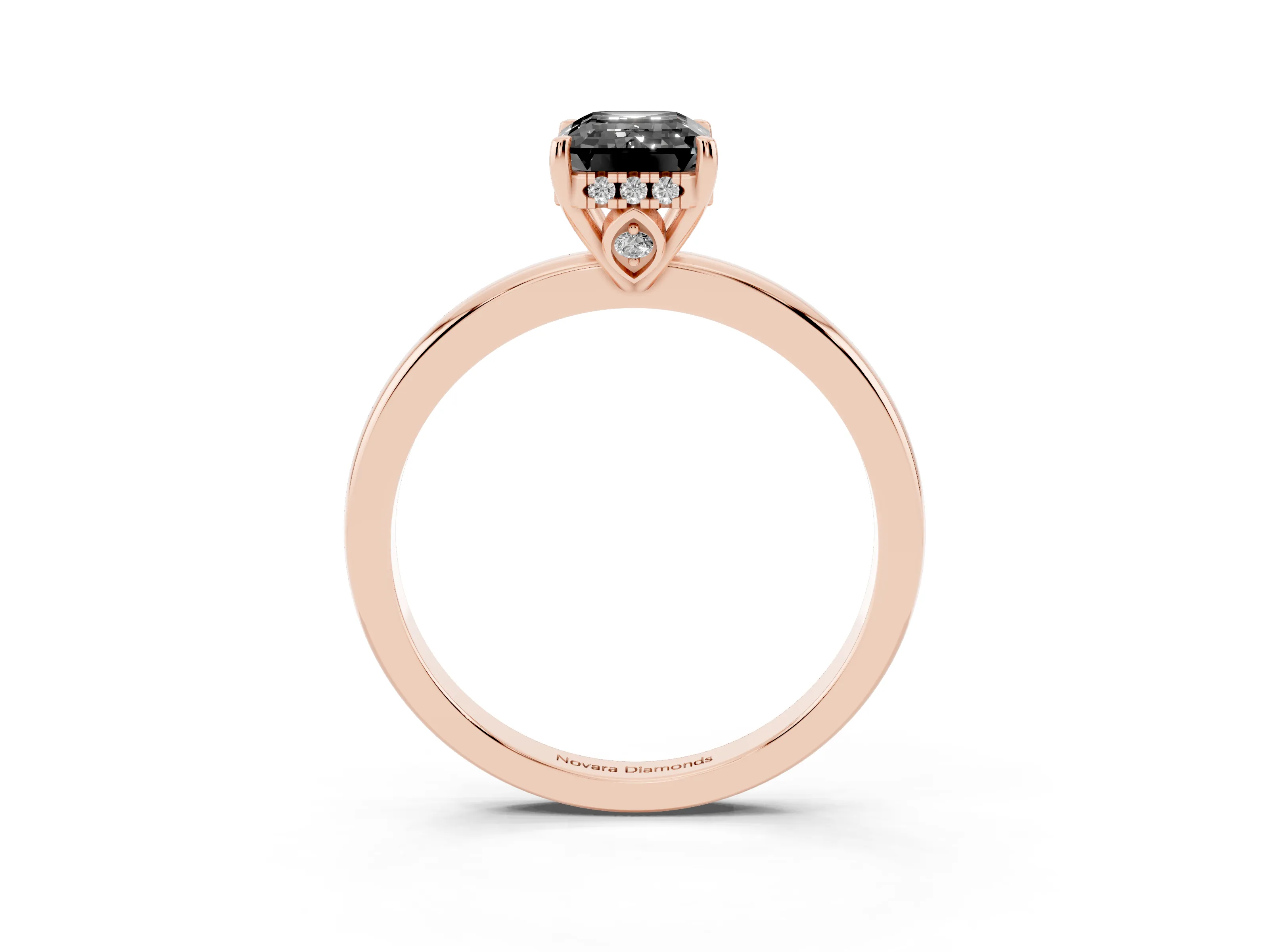 Fancy Black Emerald Cut Diamond Solitaire Ring Set in Rose gold with Plain Band and Prong Setting