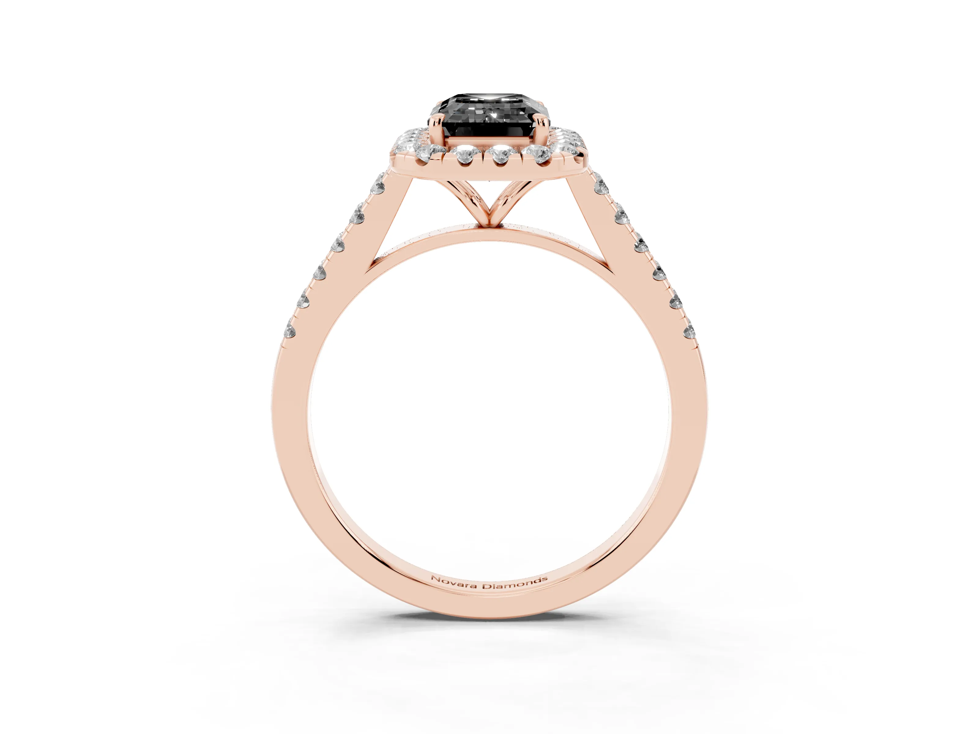 Fancy Black Emerald Cut Diamond Halo Pavé Engagement Ring Set in Rose gold with Prong Setting