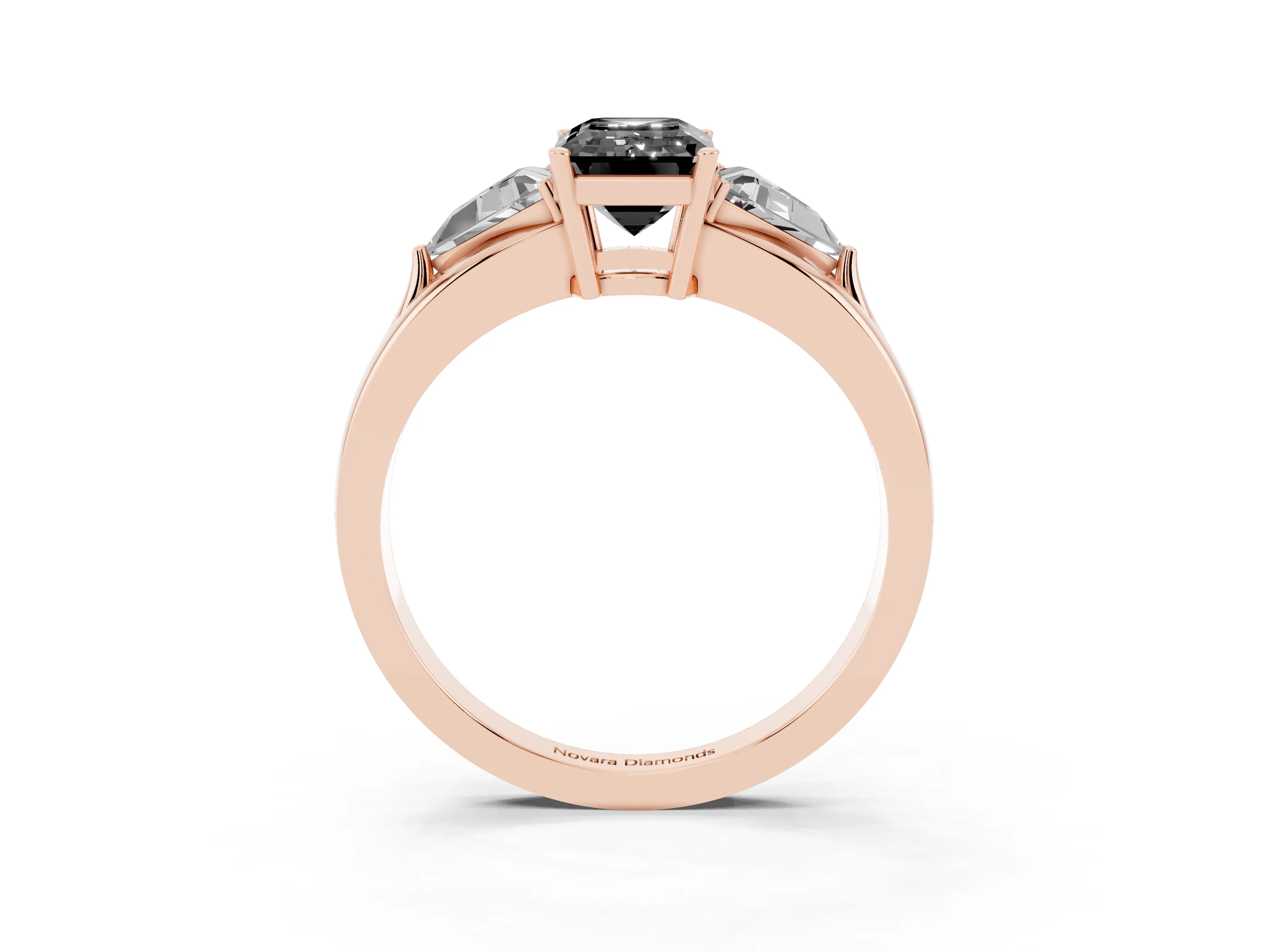 Fancy Black Emerald Cut Diamond Three-Stone Ring Set in Rose gold with Trillion Side Stones and Split Shank