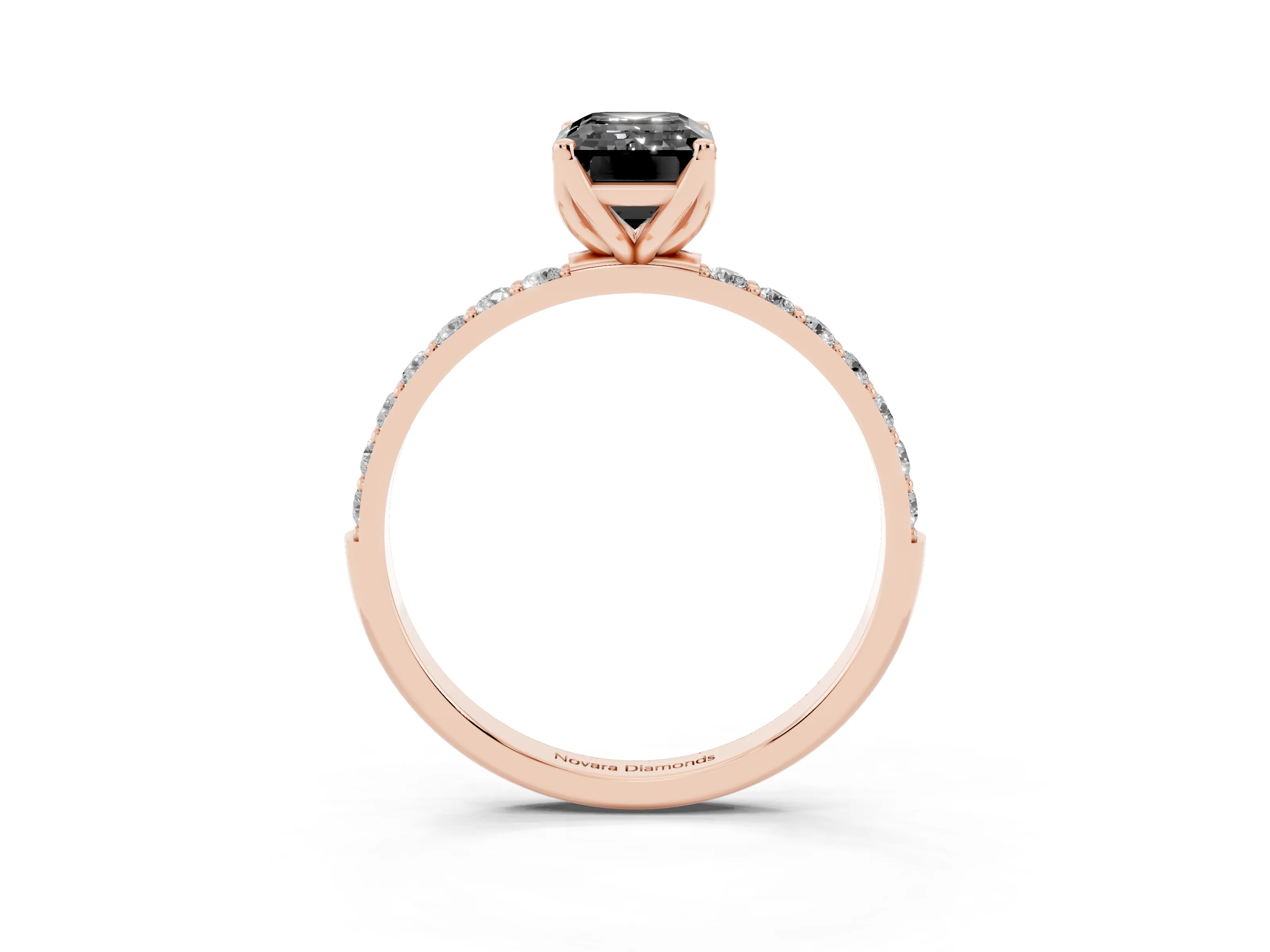 Fancy Black Emerald Cut Diamond Solitaire Engagement Ring Set in Rose gold with Round Pavé Band and Prong Setting