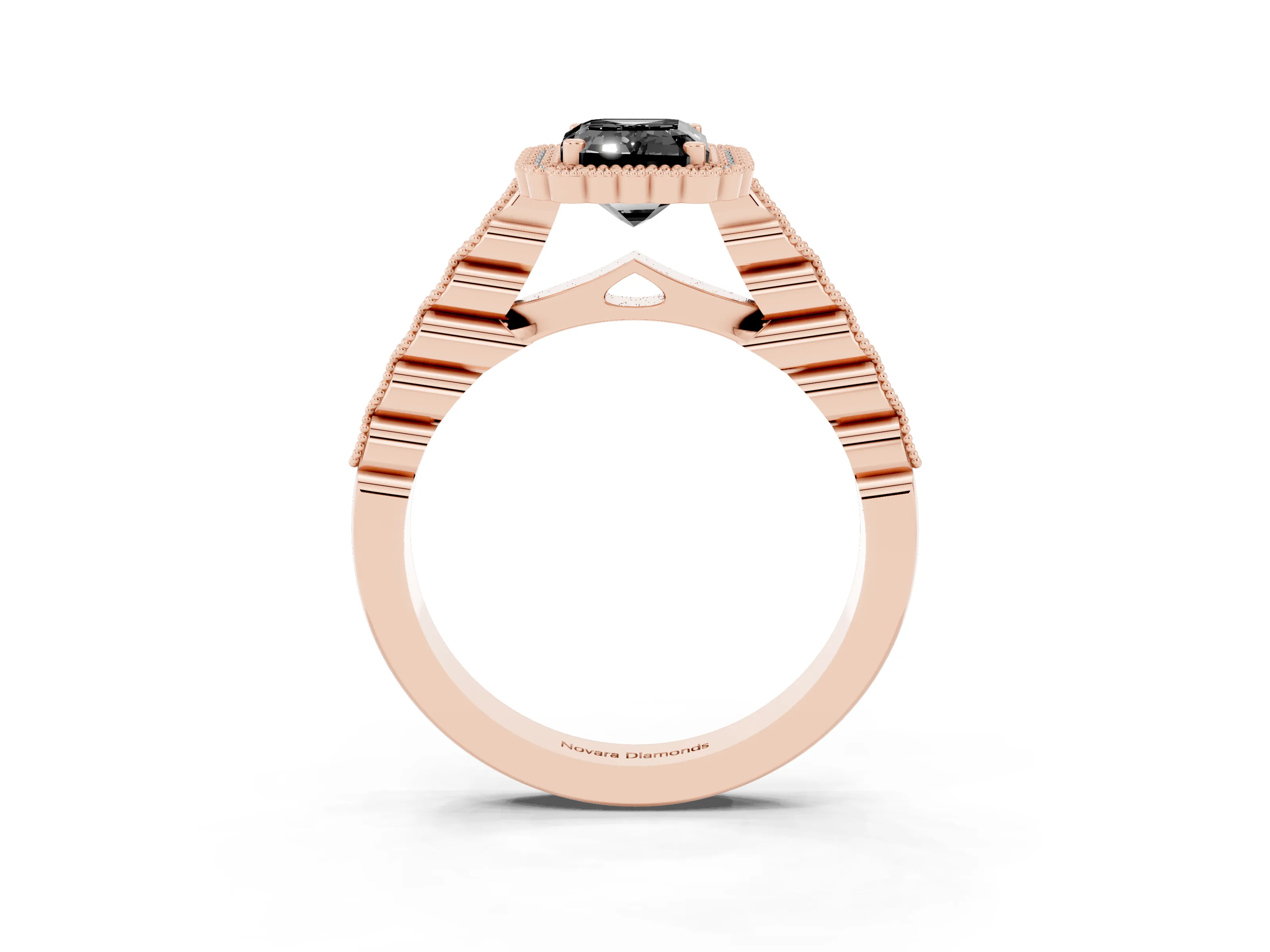 Fancy Black Emerald Cut Diamond Halo Ring Set in Rose gold with Pavé Milgrain Band