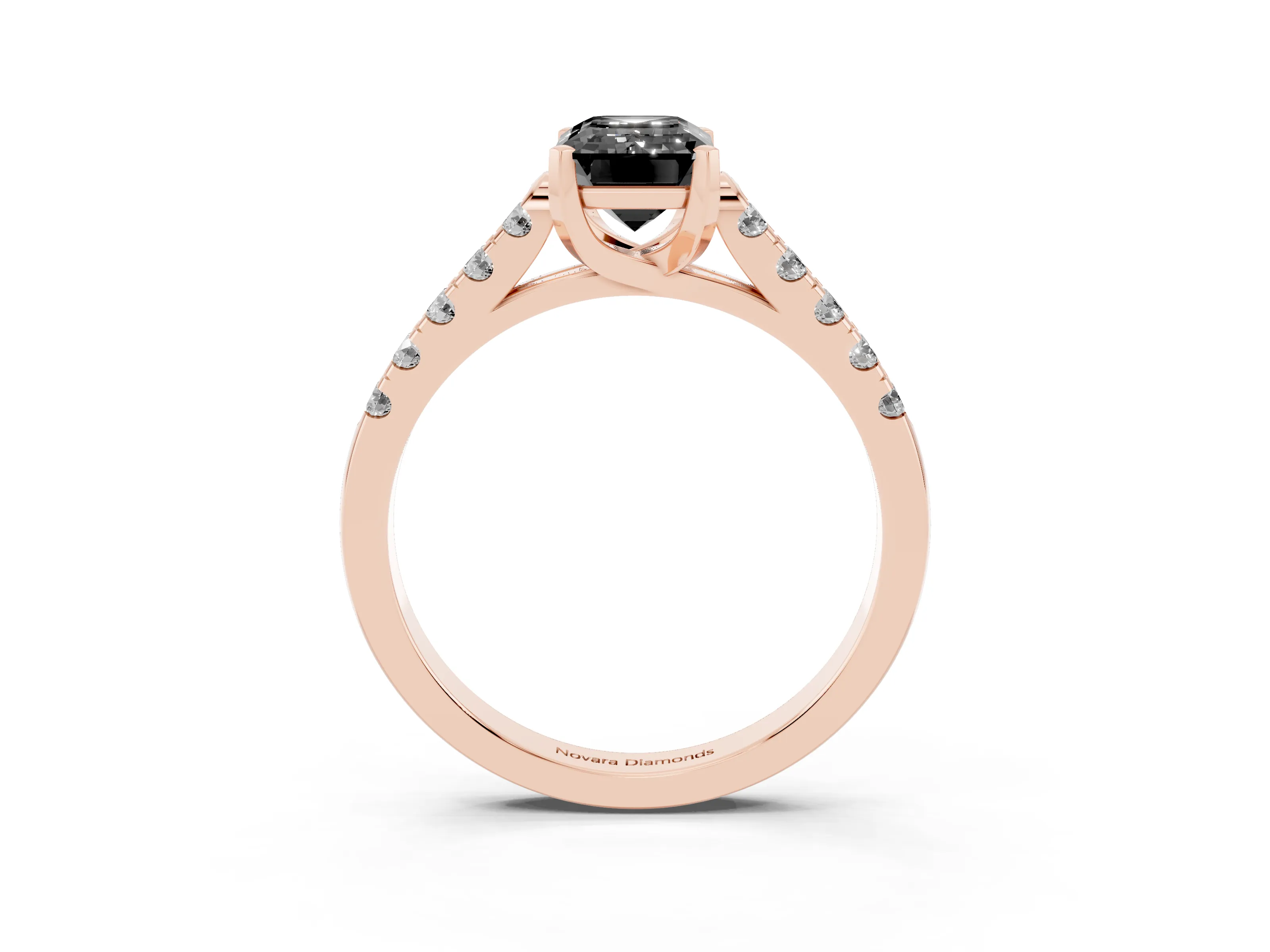 Fancy Black Emerald Cut Diamond Pavé Band Solitaire Ring Set in Rose gold with Partway Accent Stones and Prong Setting