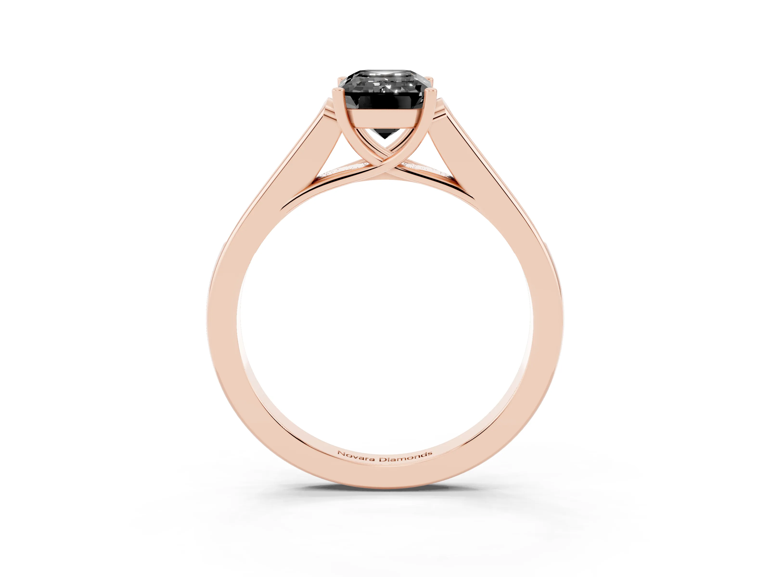 Fancy Black Emerald Cut Diamond Solitaire Cathedral Engagement Ring Set in Rose gold with Channel-Set Band and Prong Setting