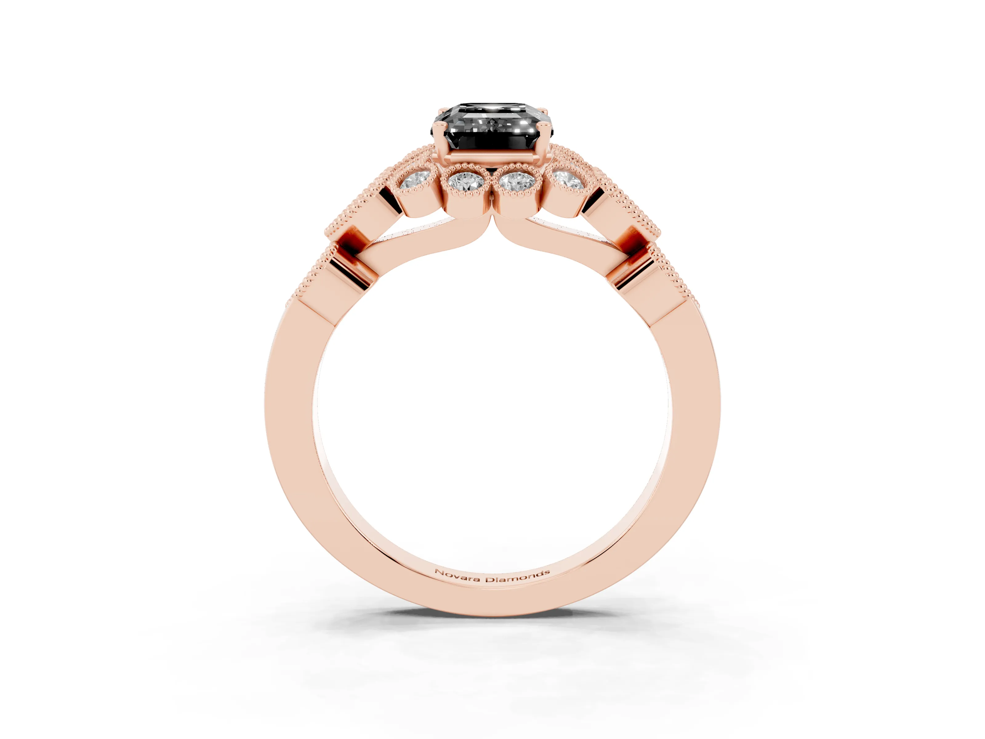 Fancy Black Emerald Cut Diamond Solitaire Ring Set in Rose gold with Milgrain Pavé Heart Band