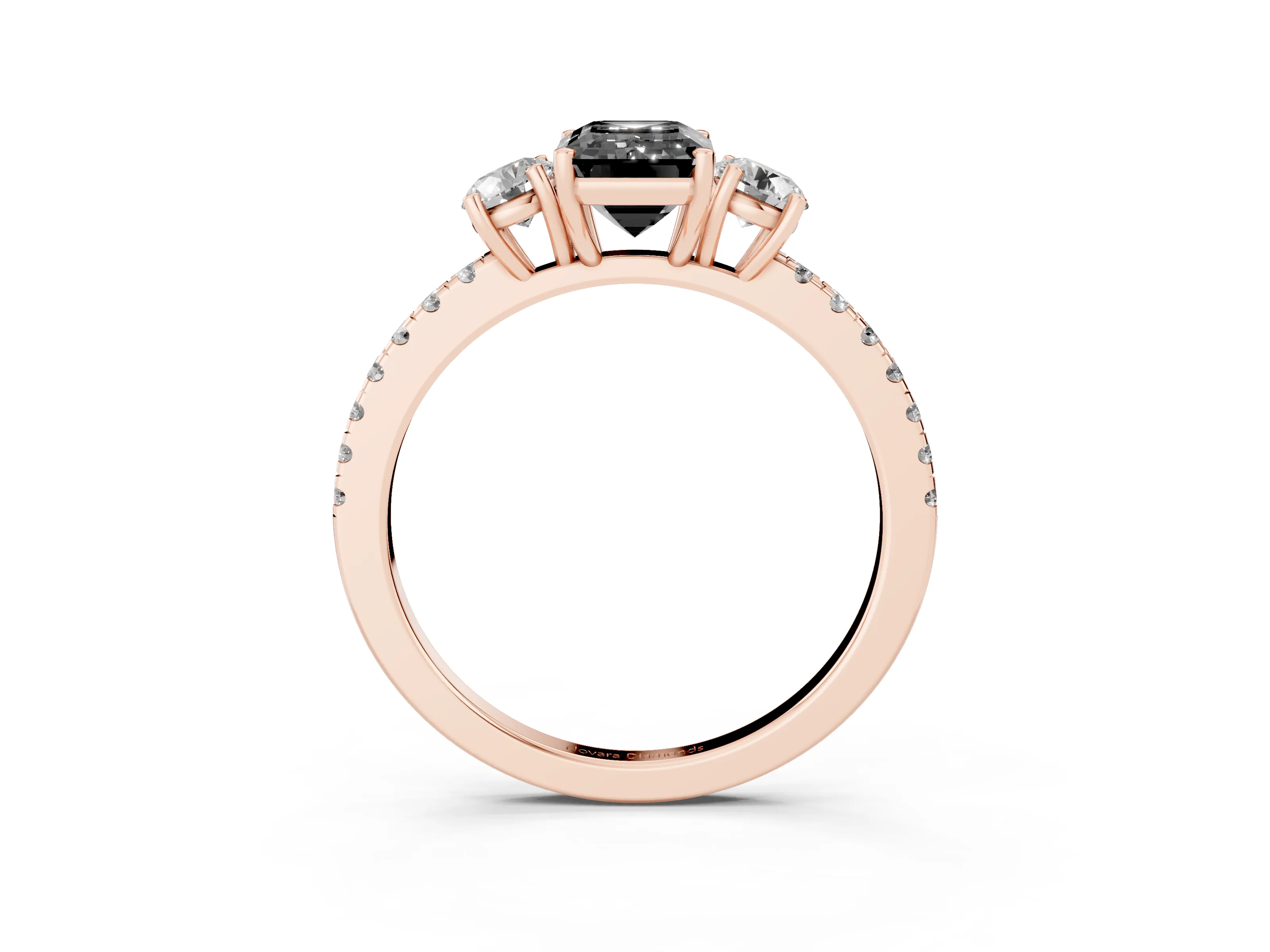 Fancy Black Emerald Cut Diamond Three-Stone Ring Set in Rose gold with Pavé Band and Graduated Sides