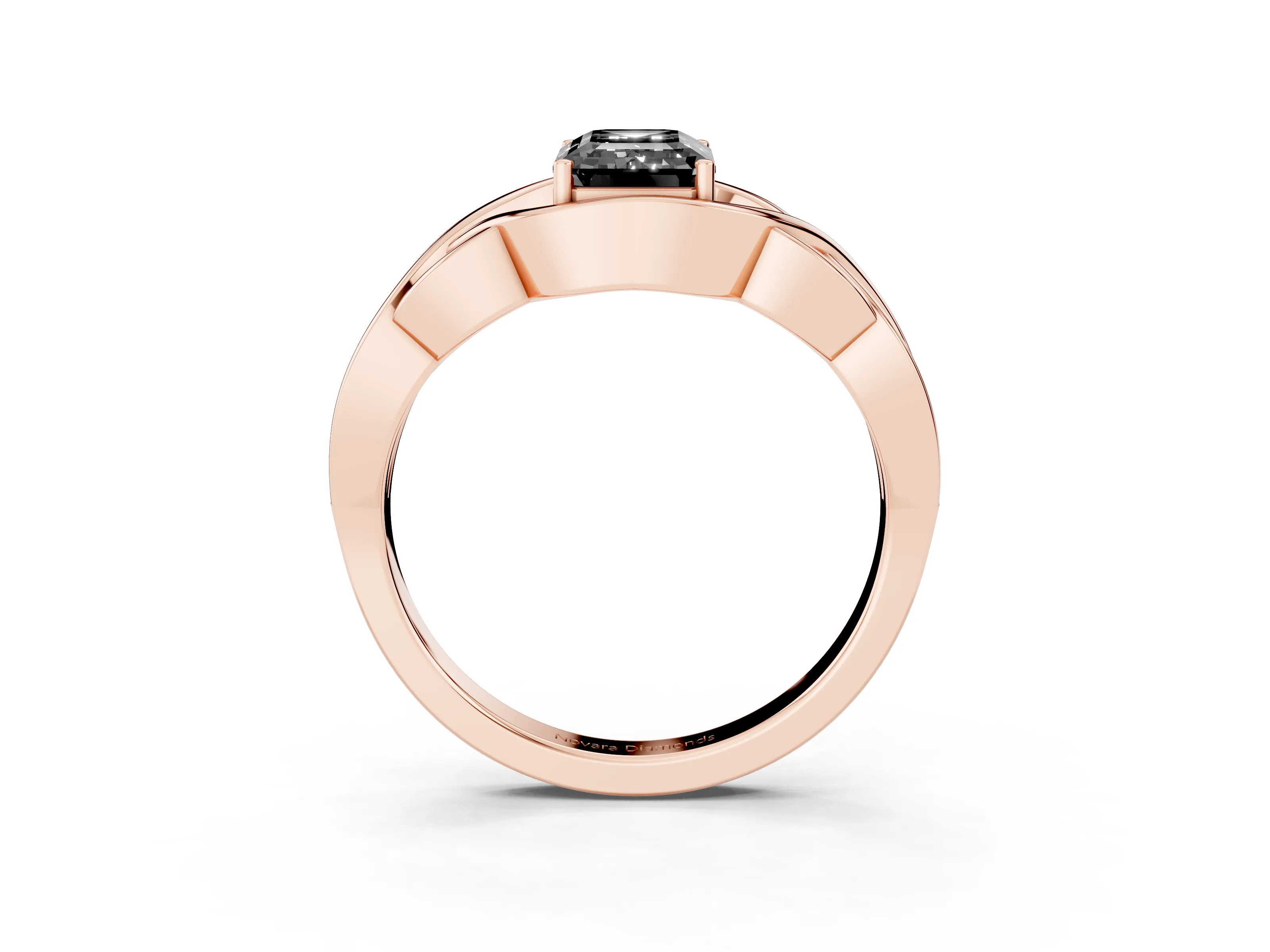 Fancy Black Emerald Cut Diamond Solitaire Ring Set in Rose gold with Intertwined Band