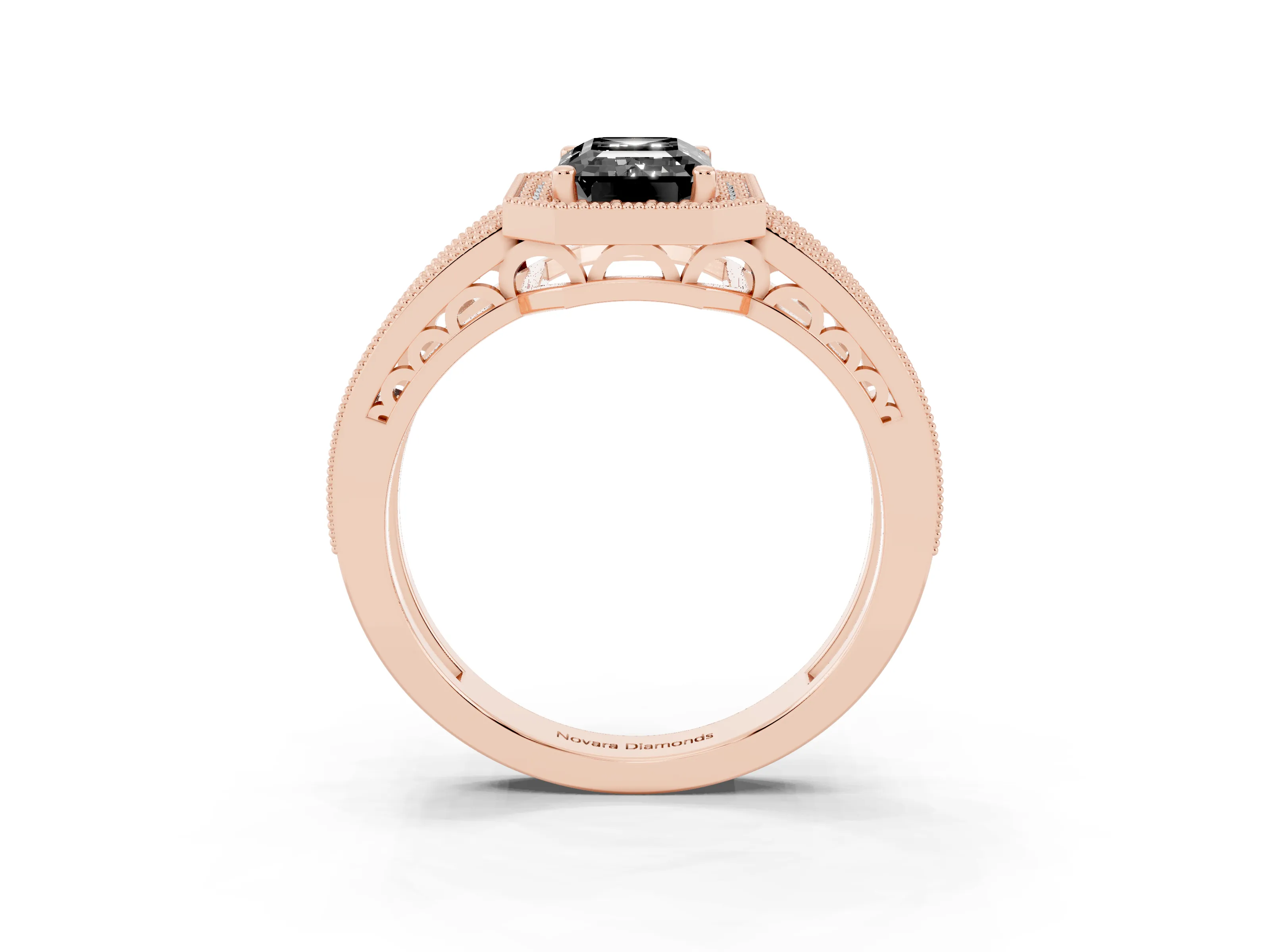 Fancy Black Emerald Cut Diamond Halo Ring Set in Rose gold with Accent Split Shank and Prong Setting