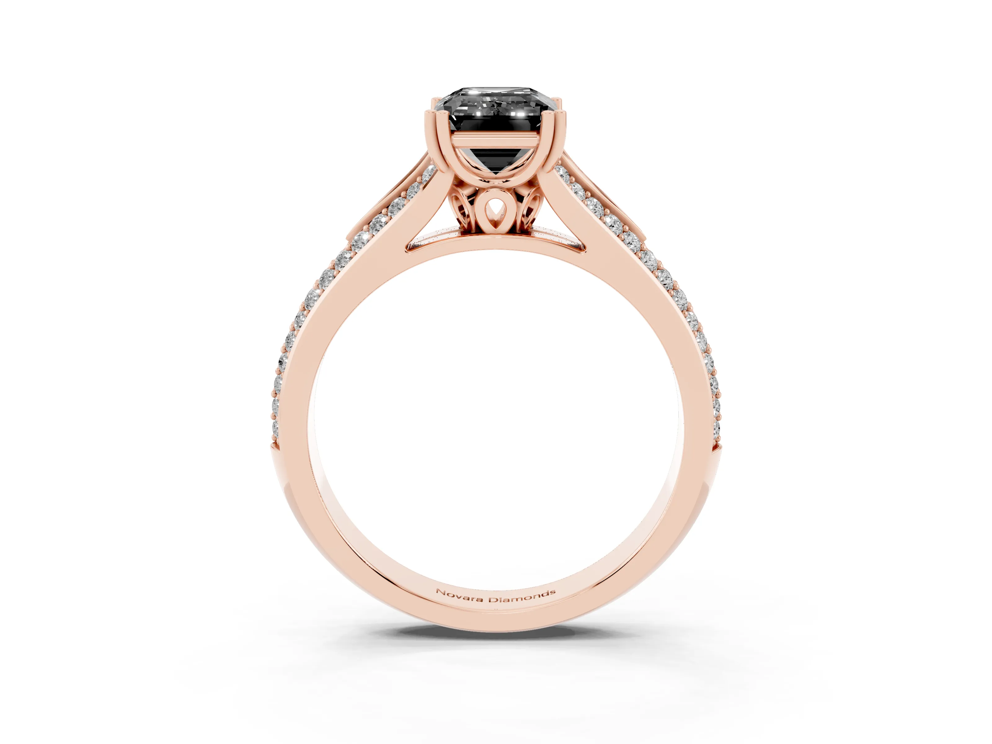 Fancy Black Emerald Cut Diamond Split Shank Pavé Engagement Ring Set in Rose gold with Prong-Set Center Stone