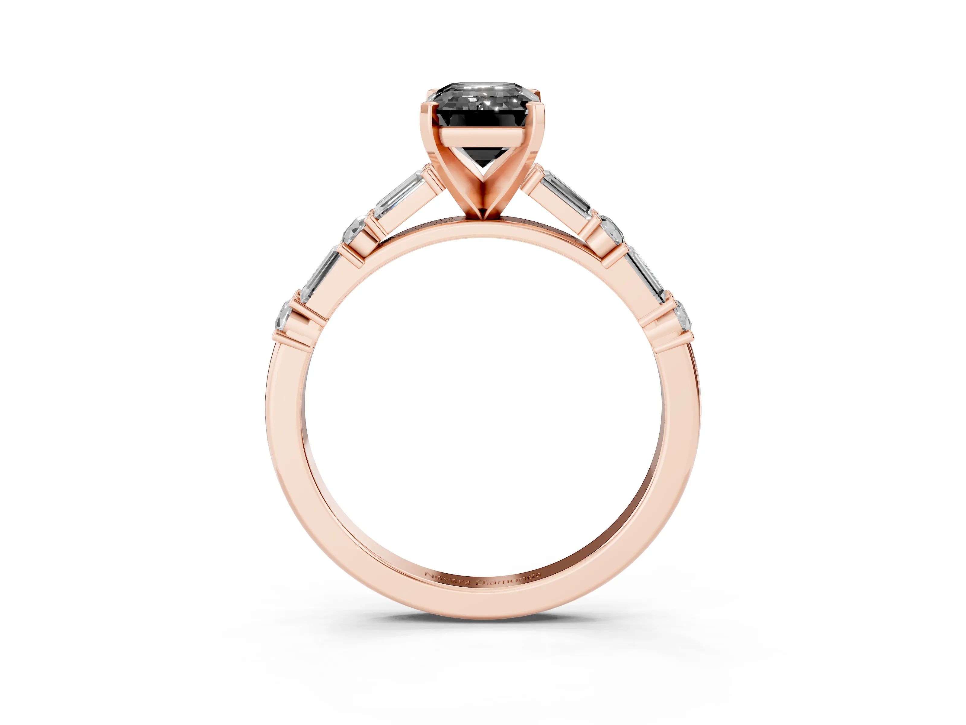 Fancy Black Emerald Cut Diamond Solitaire Set in Rose gold with Side Baguettes and Channel Set Band