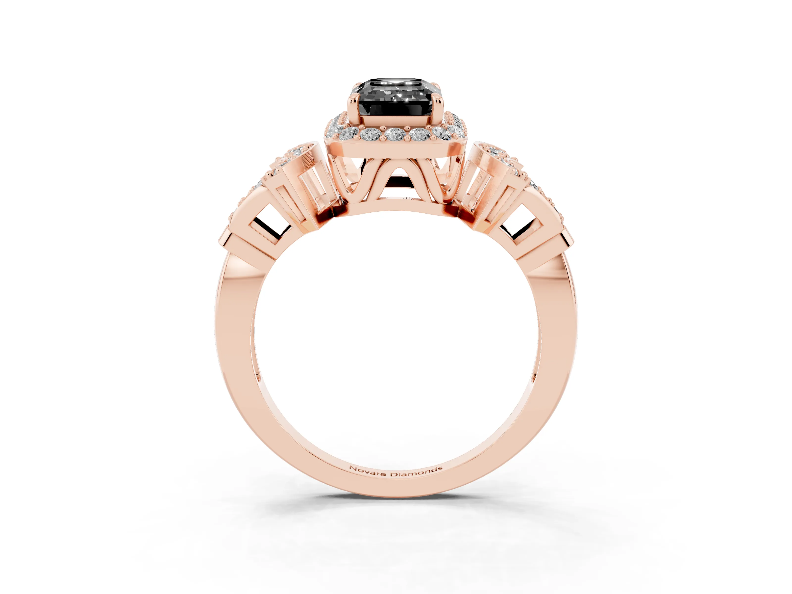 Fancy Black Emerald Cut Diamond Halo Engagement Ring Set in Rose gold with Accent Stone Split Shank