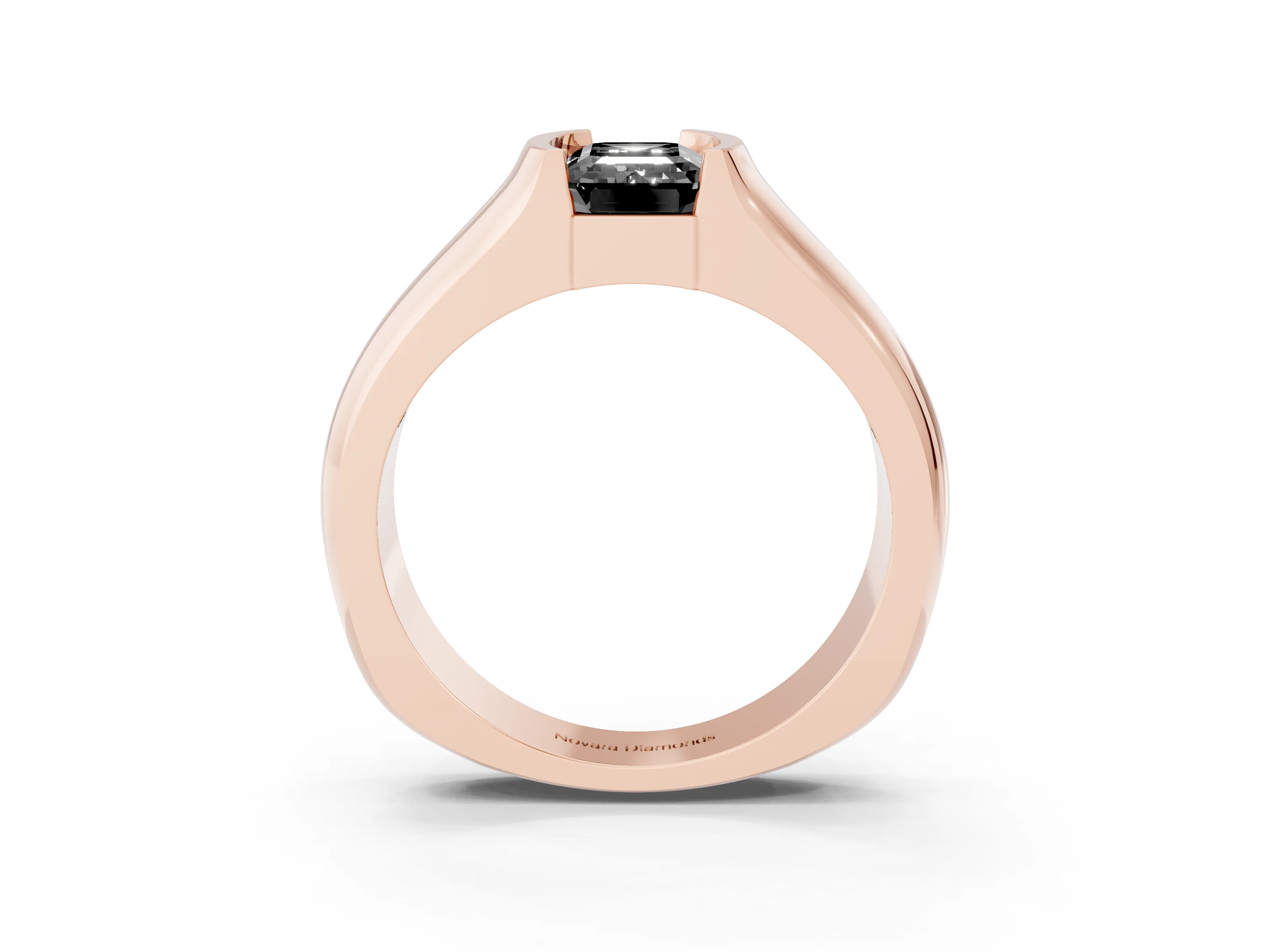 Fancy Black Emerald Cut Diamond Bezel Solitaire Ring Set in Rose gold with Wide Band