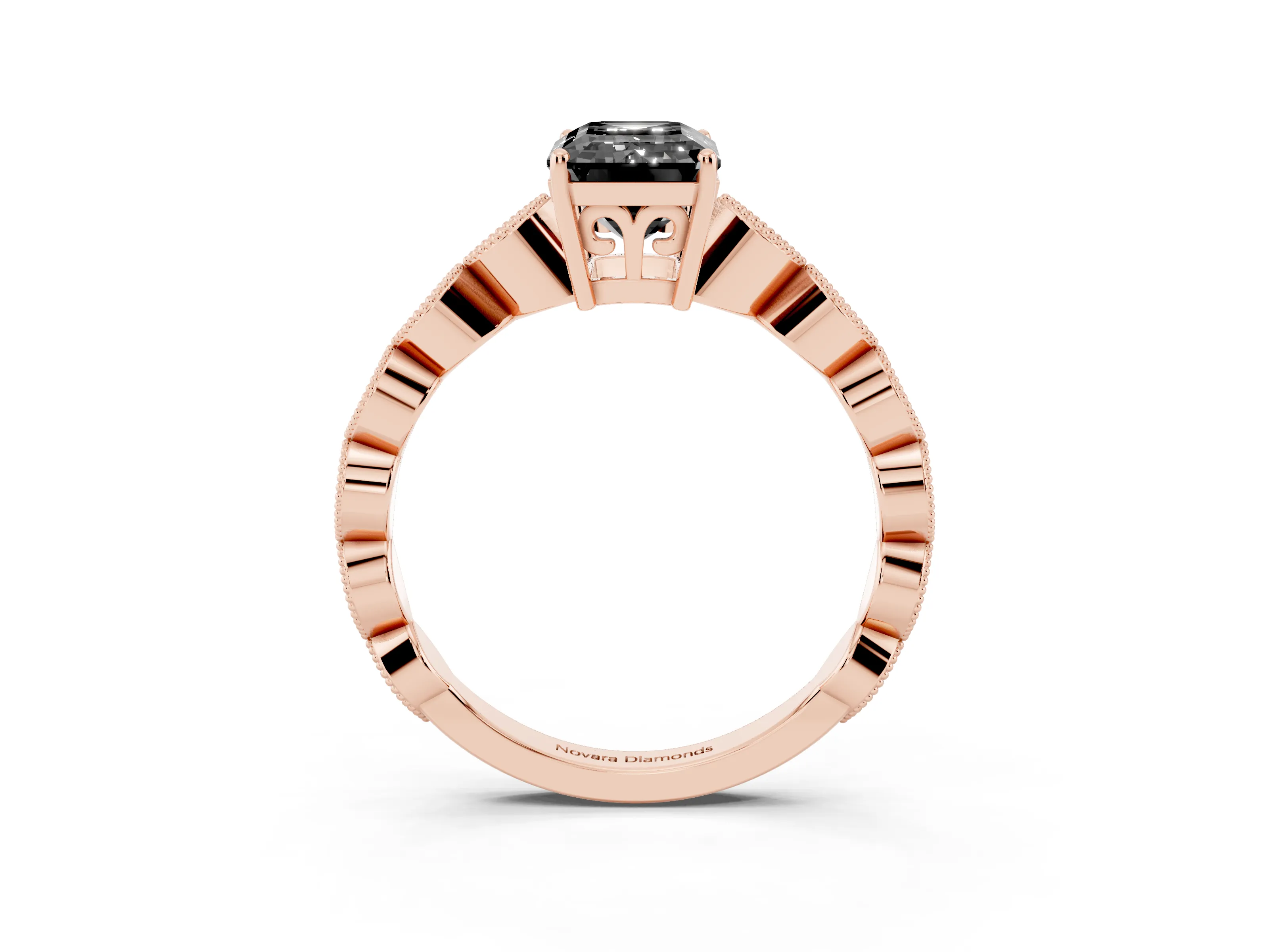 Fancy Black Emerald Cut Diamond Solitaire Ring Set in Rose gold with Infinity Twist Pavé Band