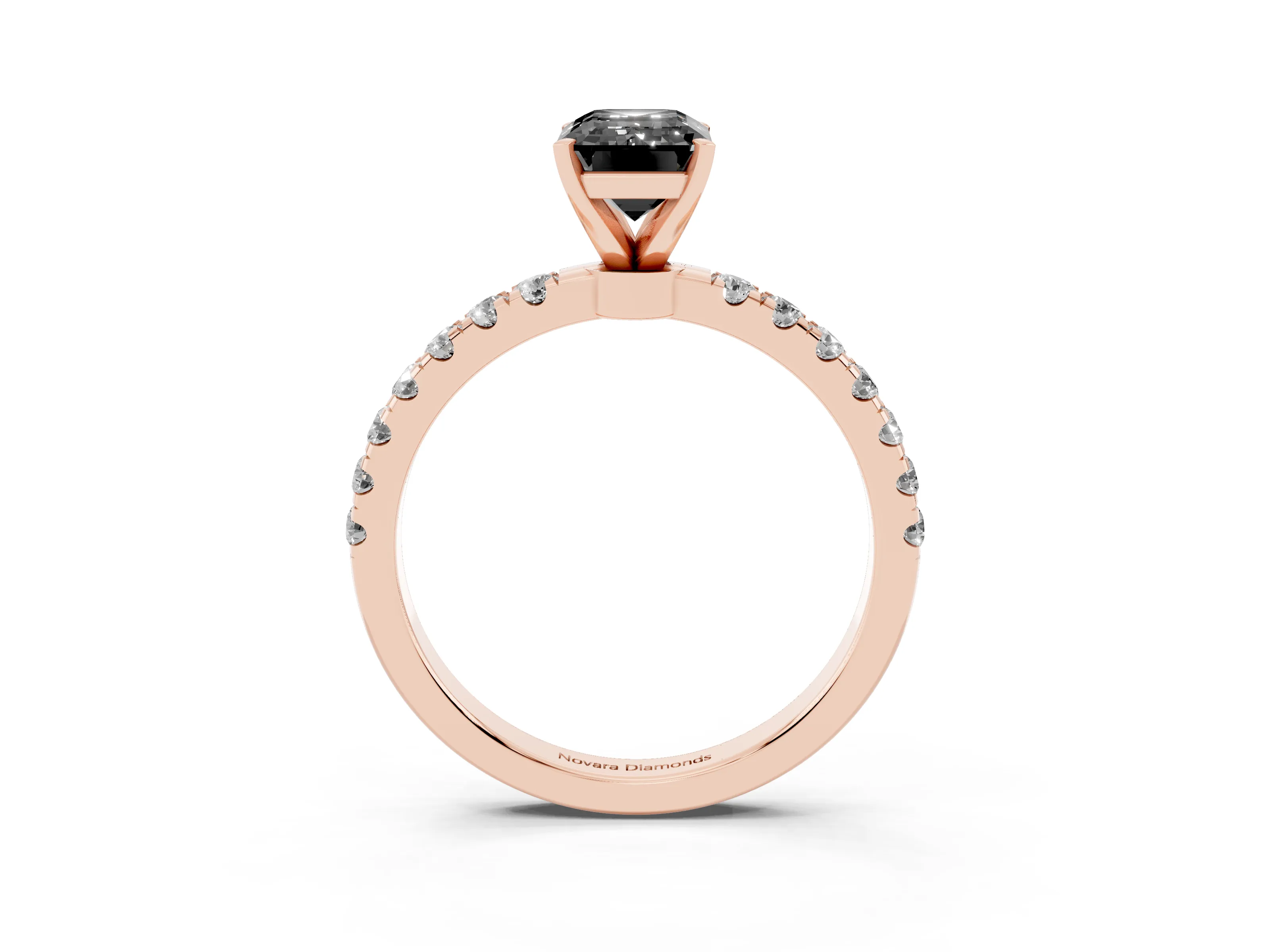 Fancy Black Emerald Cut Diamond Solitaire Ring Set in Rose gold with Pavé Accents and Prong Setting