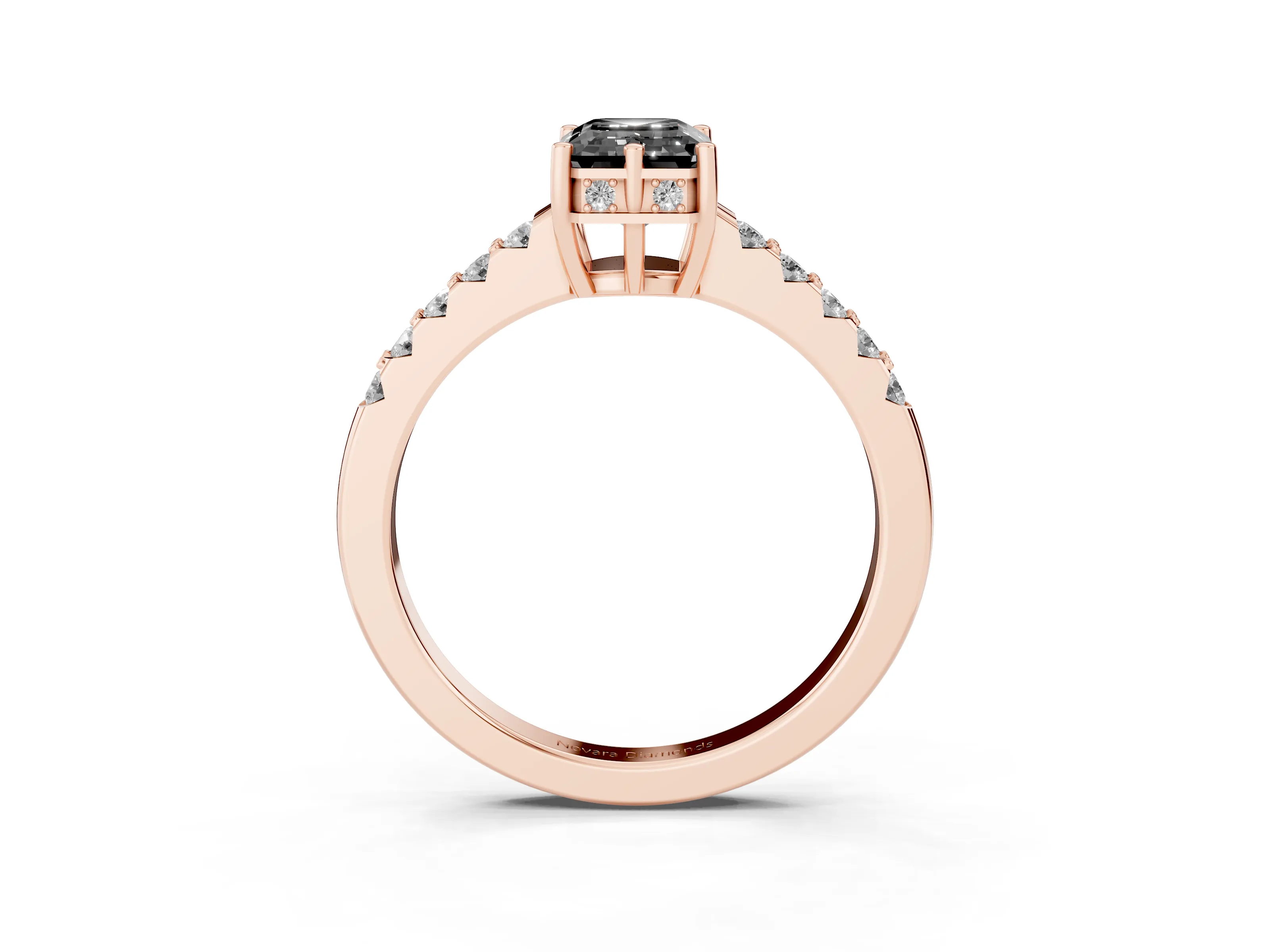 Fancy Black Emerald Cut Diamond Solitaire Engagement Ring Set in Rose gold with Pavé Band and Prong Setting