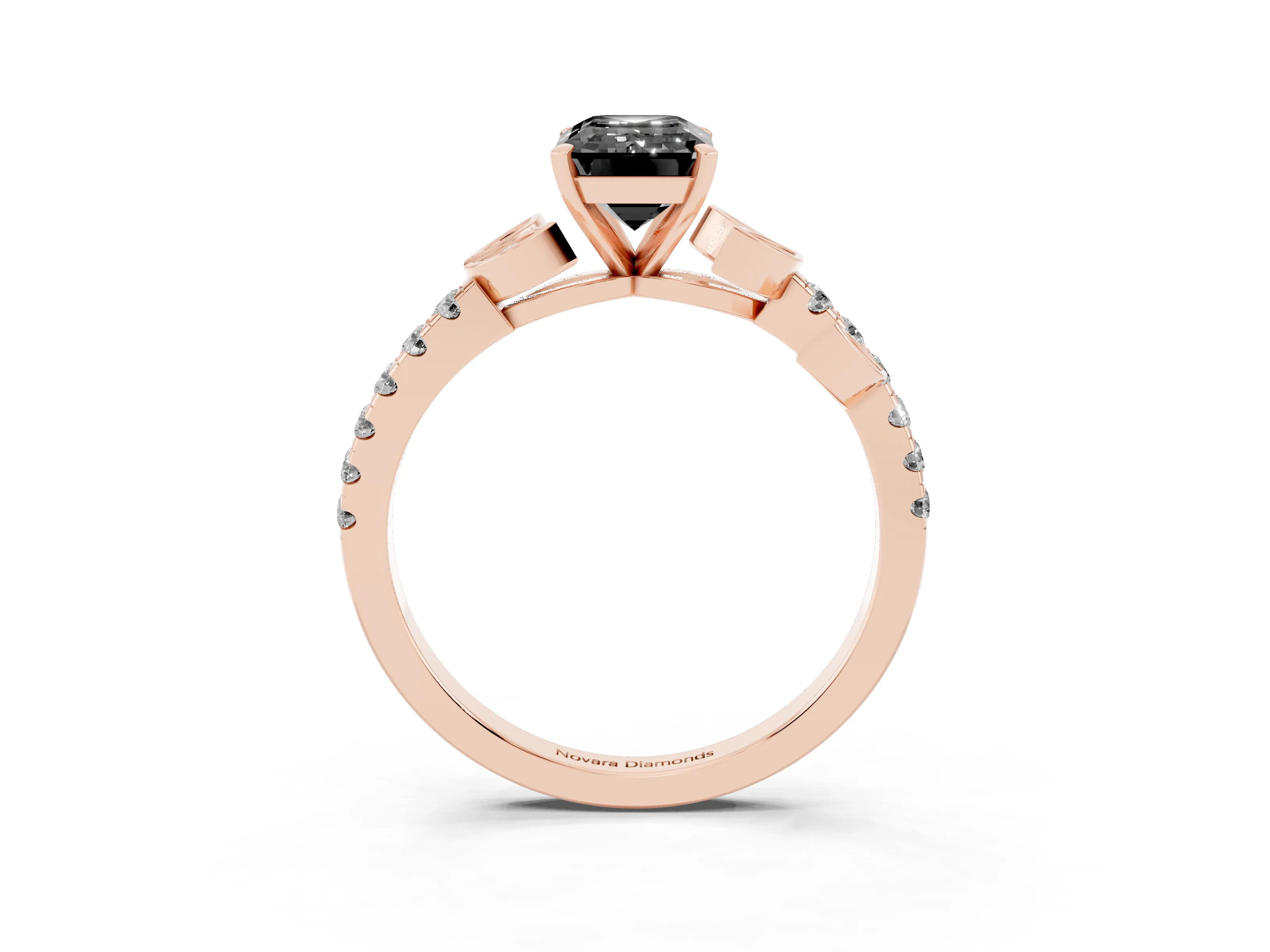 Fancy Black Emerald Cut Diamond Solitaire Leaf-Inspired Ring Set in Rose gold with Pavé Band and Prong Setting